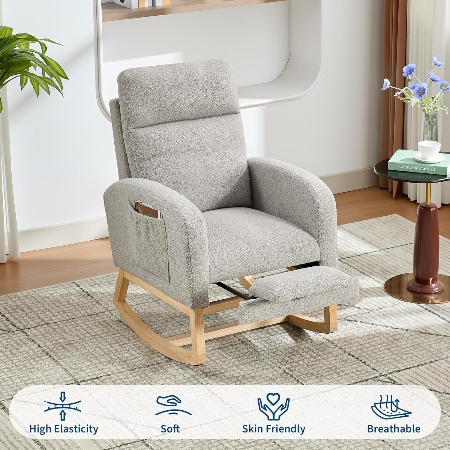 Gray Rocking Armchair,Velvet High Back Chair w Adjustable Footrest & Side Pocket
