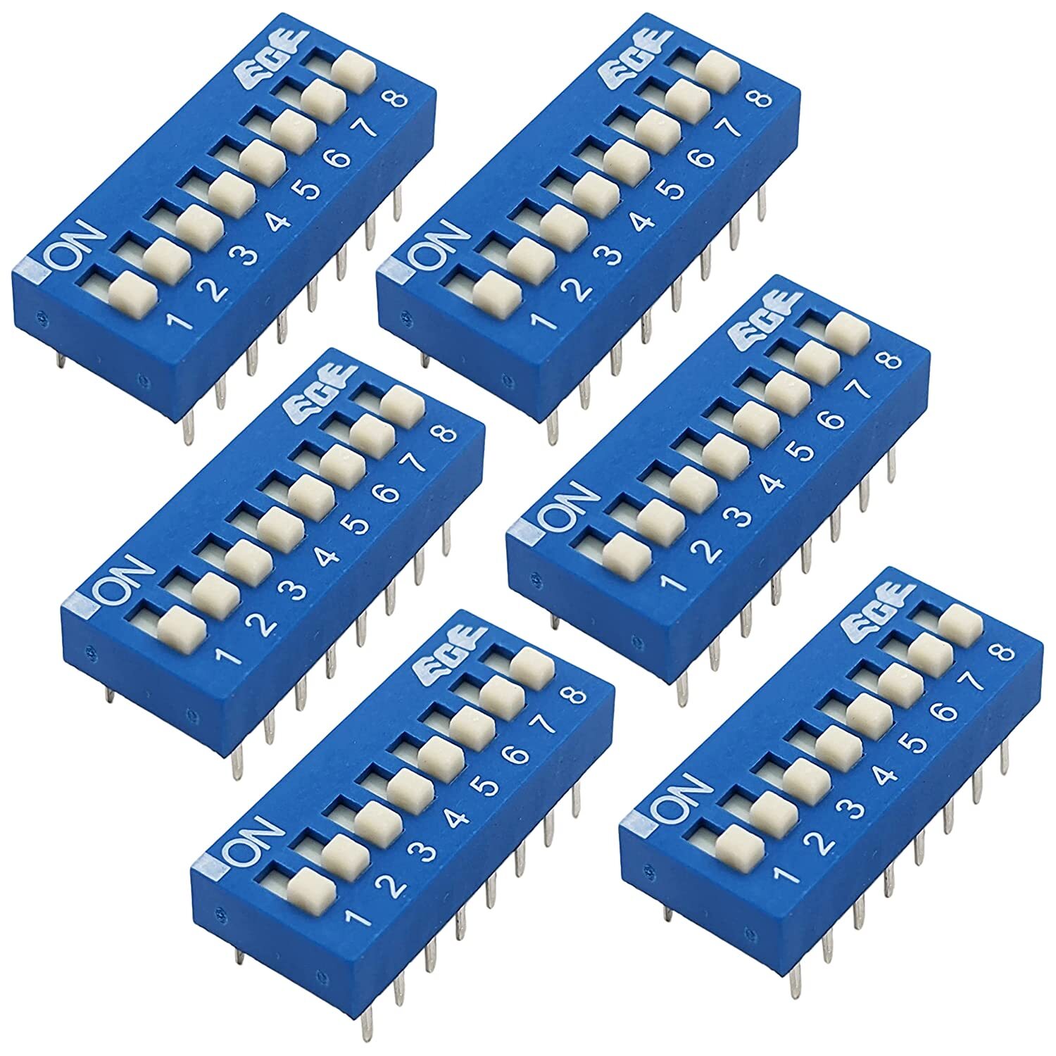 6 Pack DIP Switch with 8 Switches, 16-Pin, SPST, Blue Color, 0.85"×0.38"×0.23"