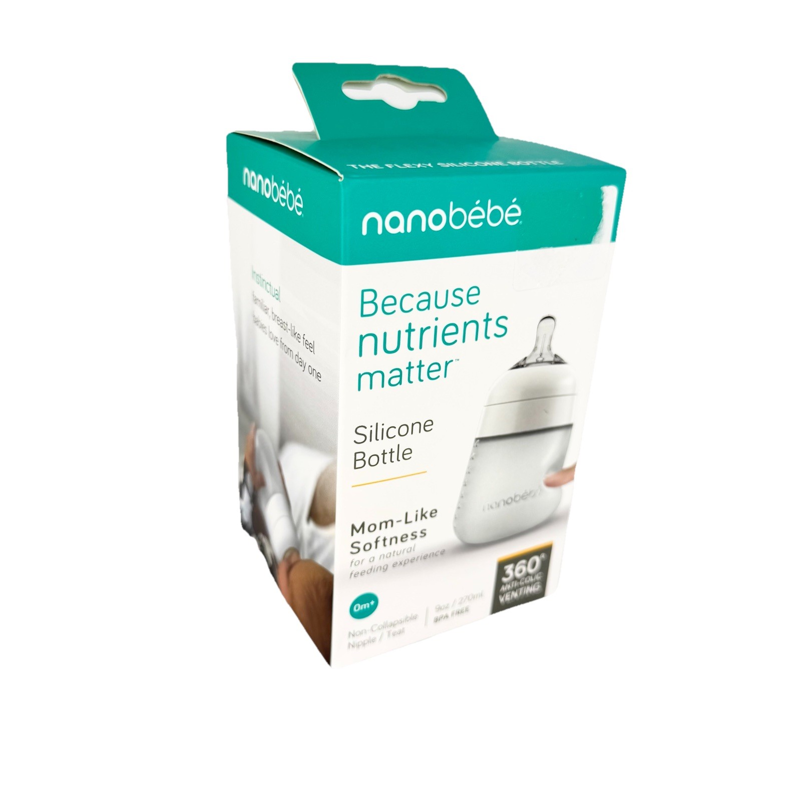 Nanobébé Flexy Silicone Baby Bottle, 9oz BPA Free 360° Anti-Colic Venting -White
