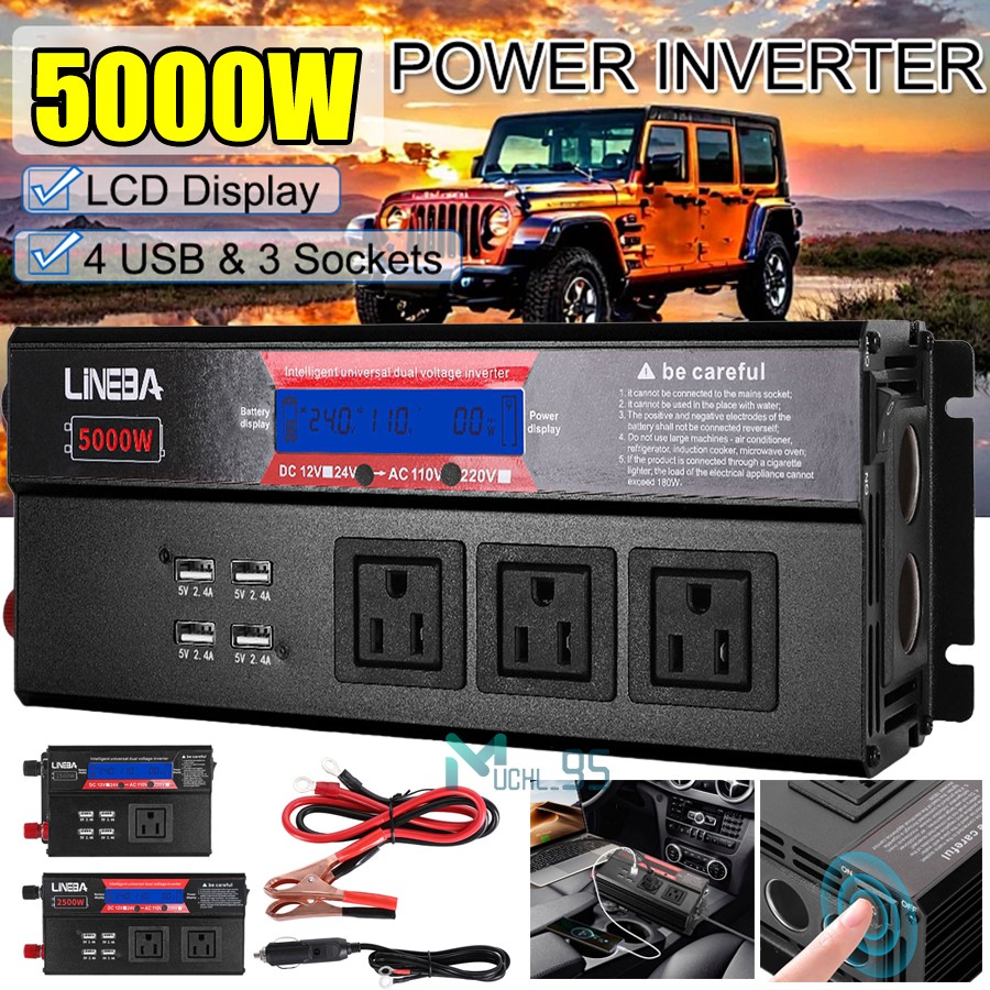 5000W 2500W Car Power Inverter DC 12V To AC 110V Sine Wave Solar 4 USB Converter