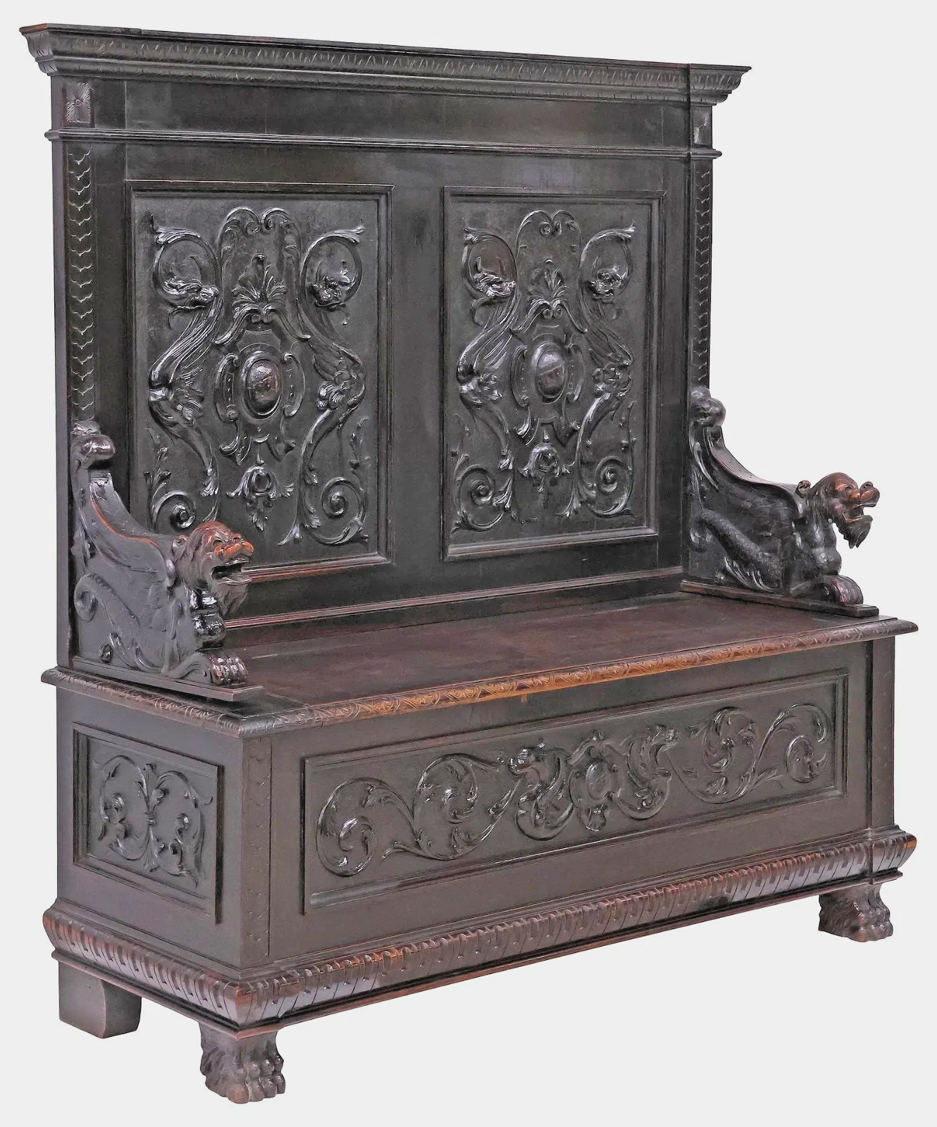 Hall Bench, Italian Renaissance Revival, Walnut,  w/ Dragons, Storage, 1800s!
