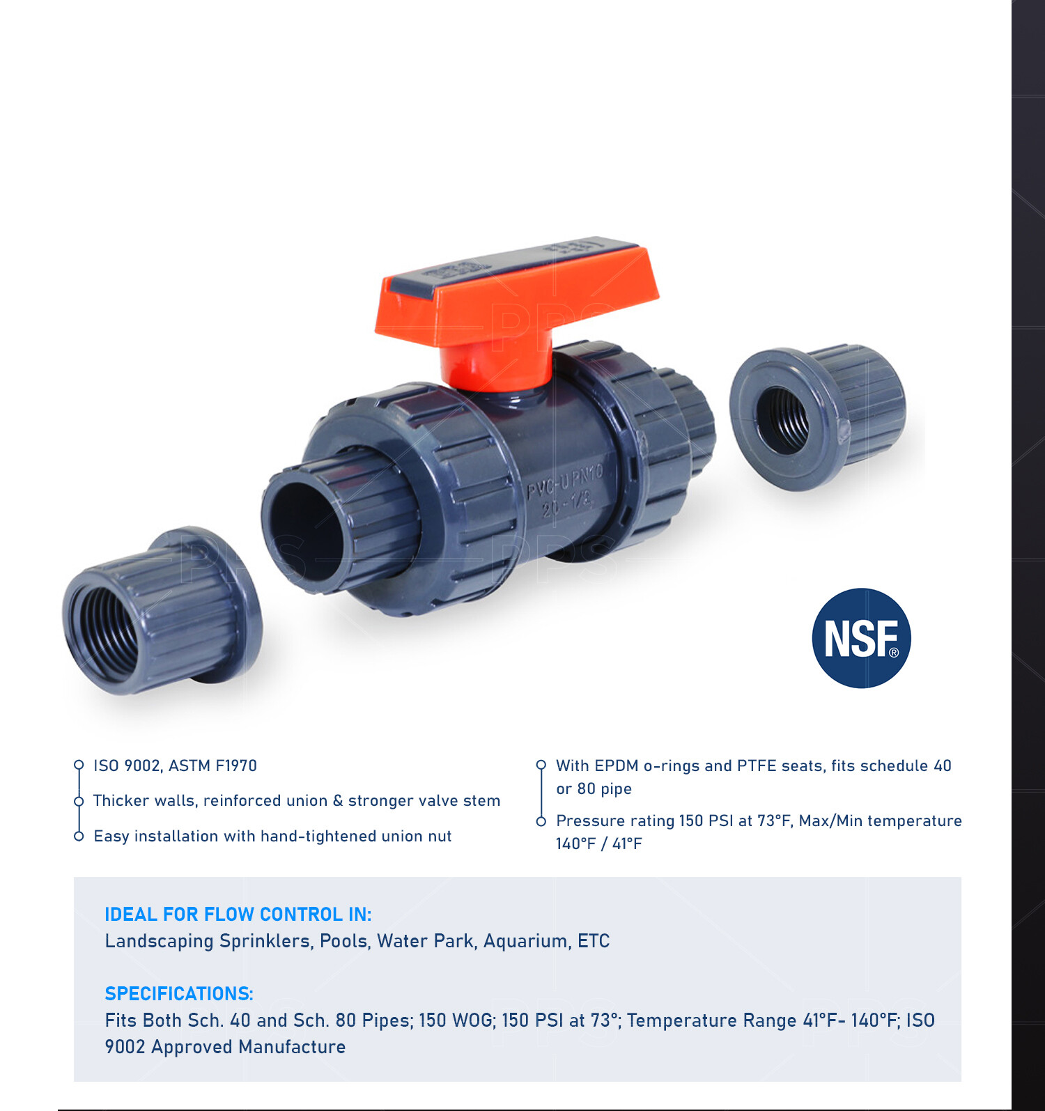 True Gray Union PVC Ball Valve Socket Slip Solvent/Thread Schedule 40/80 Pipe