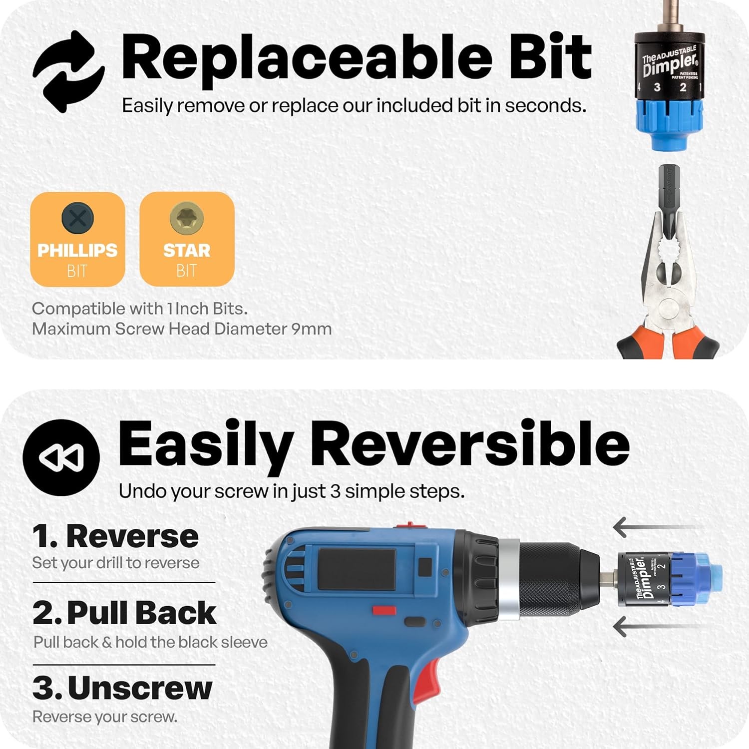 Adjustable DIMPLER ® - Drywall Bit & Screw Gun Attachment, Converts Drill into