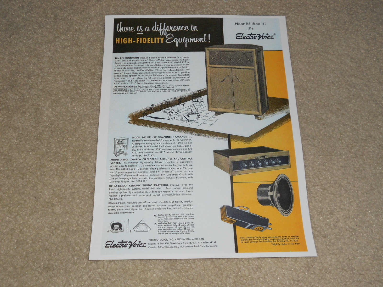 Electro-Voice 1956 Speaker Ad, 1 page, E-V Centurion, Model 105, A20CL