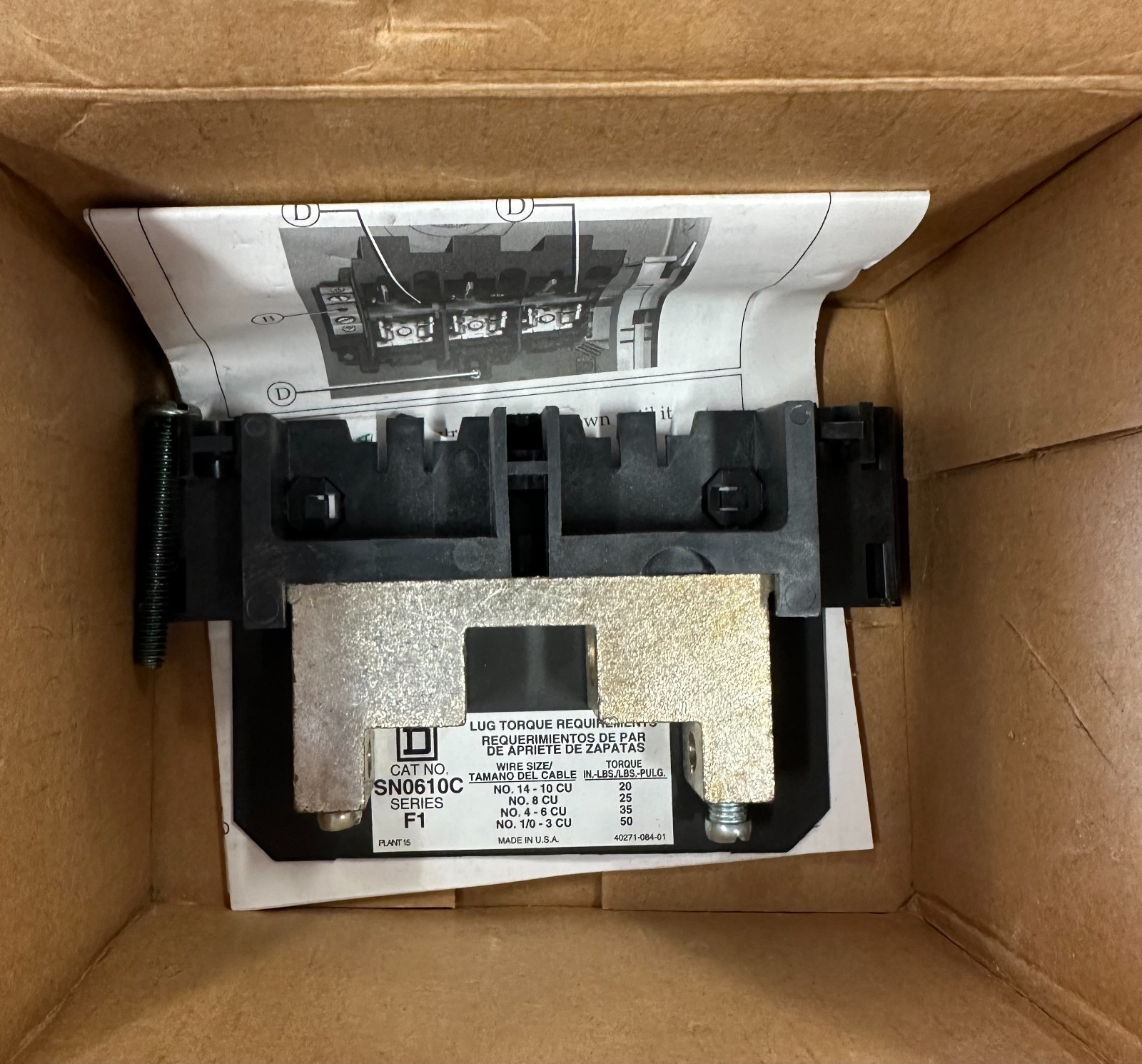 Square D SN0610C Insulated Groundable Neural Assembly Used
