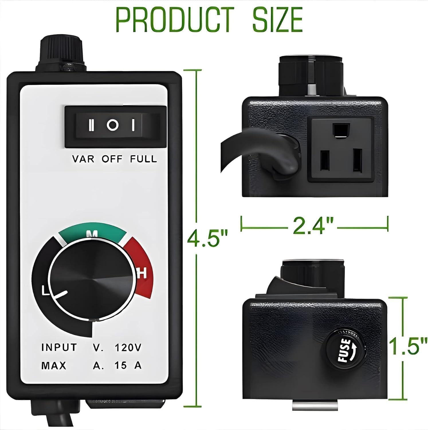 Adjustable 15A Fan Speed Controller with 6' Power Cord - Safe & Efficient