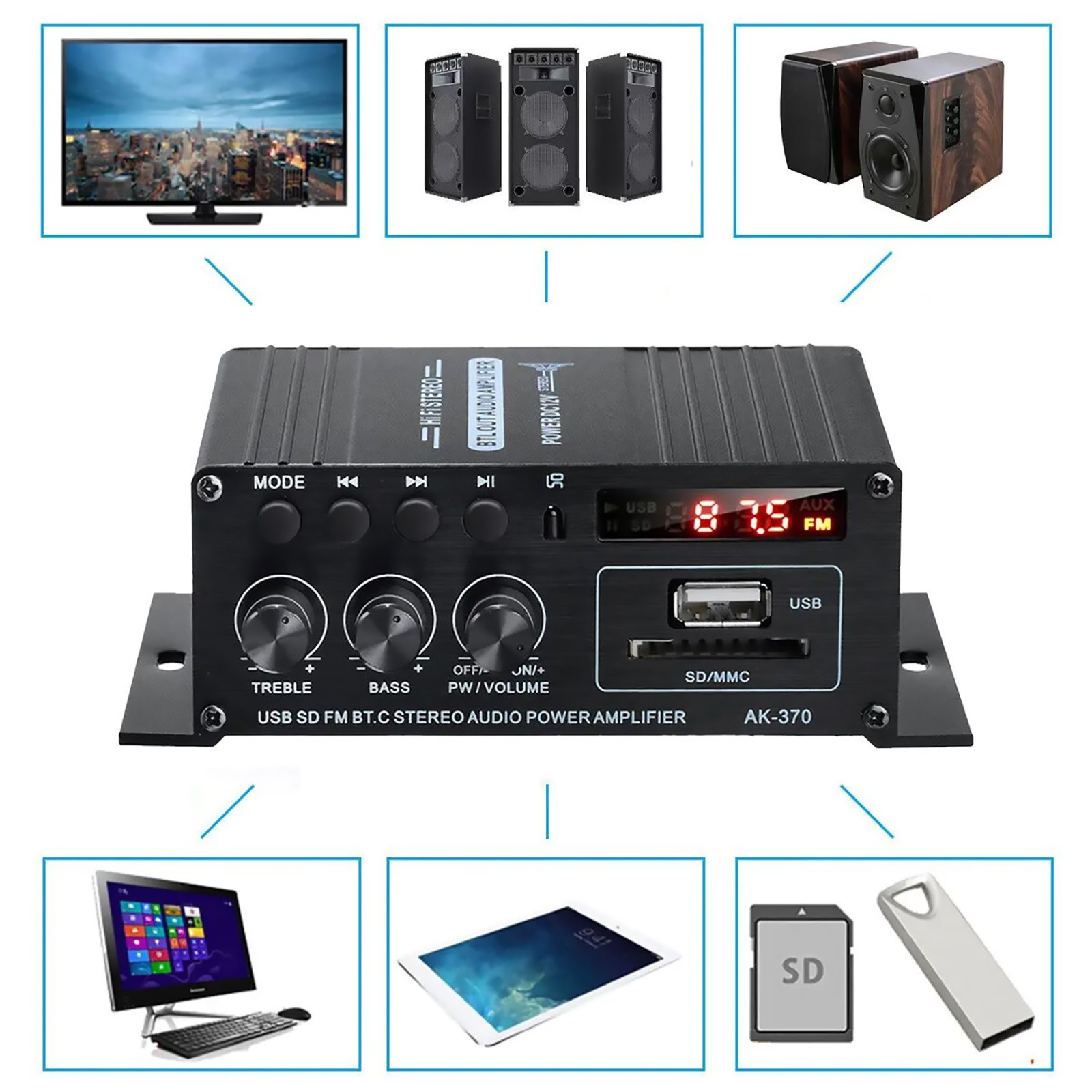 AK370 Power Digital Amplifier Bluetooth HIFI Stereo SD Card U disk AUX input