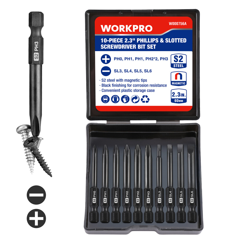 WORKPRO 10PC Magnetic Slotted Phillips Screwdriver Bit 1/4" Hex Shank Driver Bit