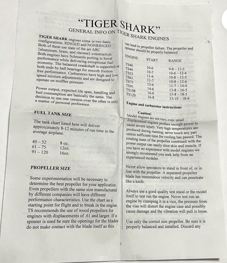 TSI Tiger Shark Model Engine 108AR ABC - New in Box