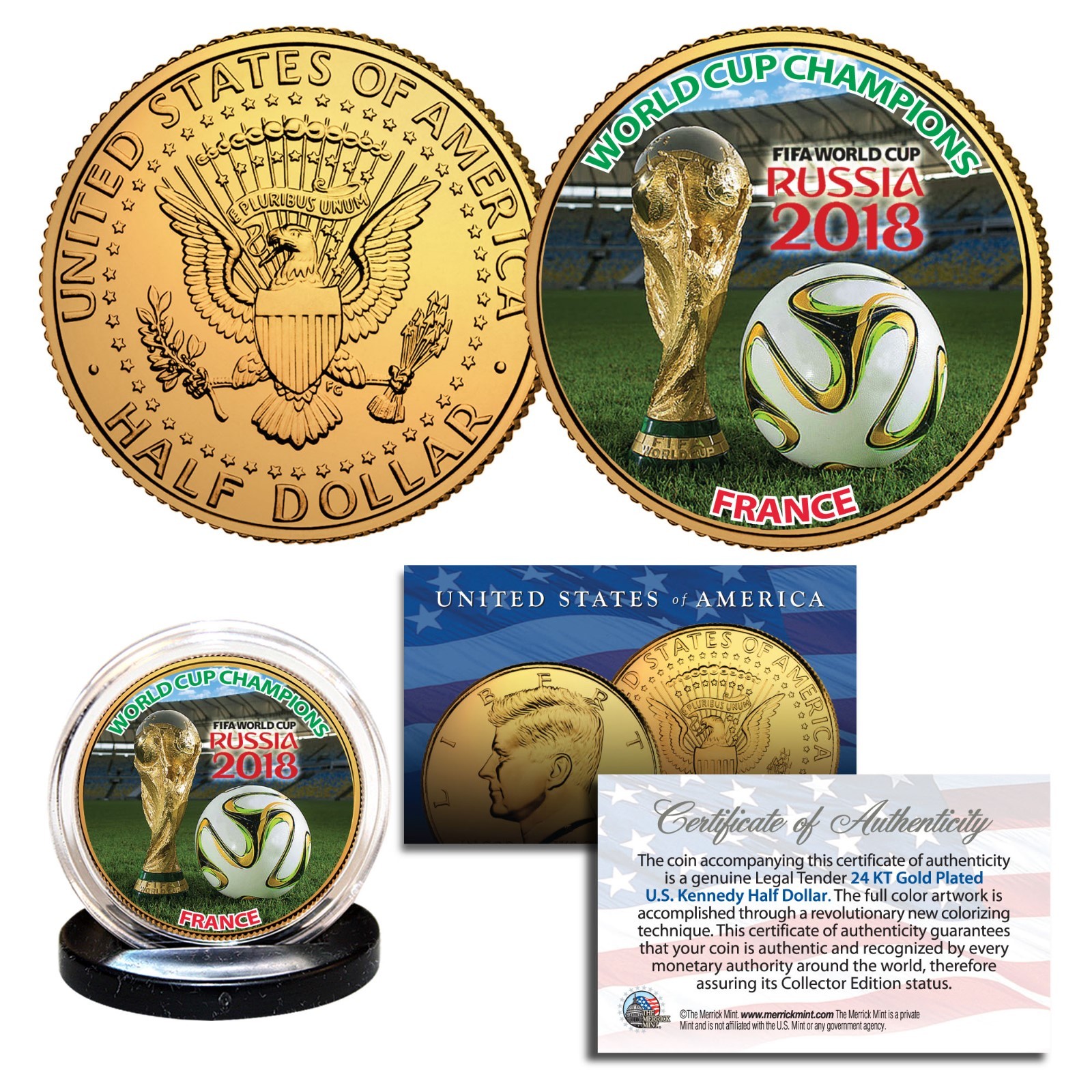 FRANCE CHAMPIONS - 2018 FIFA WORLD CUP RUSSIA 24K GOLD JFK Half Dollar US Coin