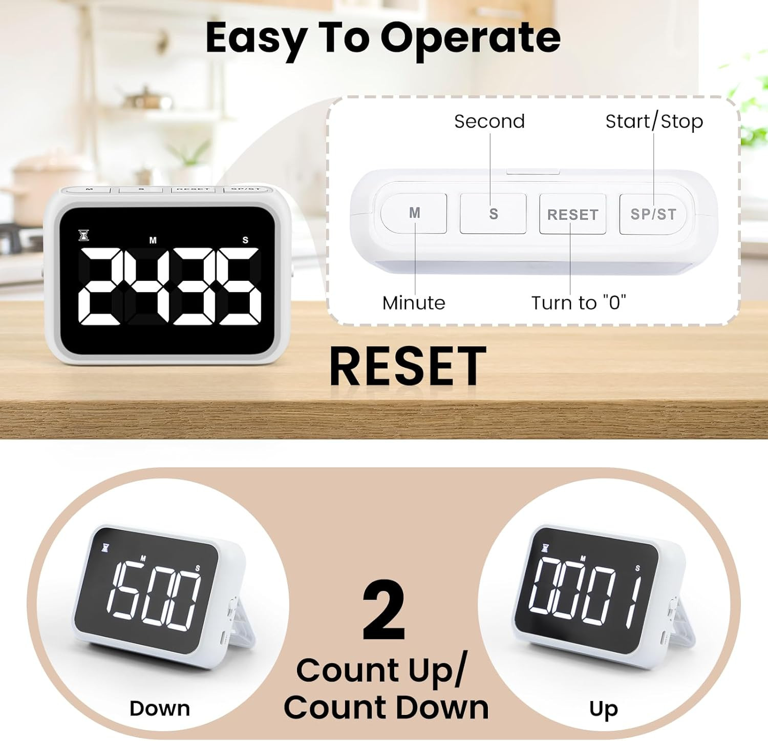 USB Rechargeable Loud Digital Kitchen Timer with Large LCD Display & Adjustab...
