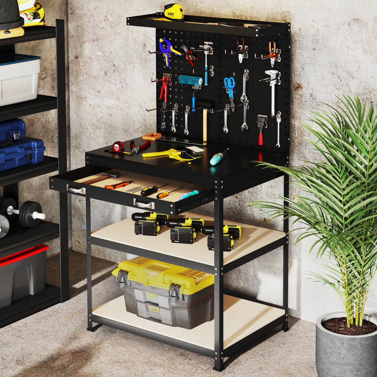32" x 16" Workbench with Pegboard 20PCS Tool Hooks Drawer and Open Shelves
