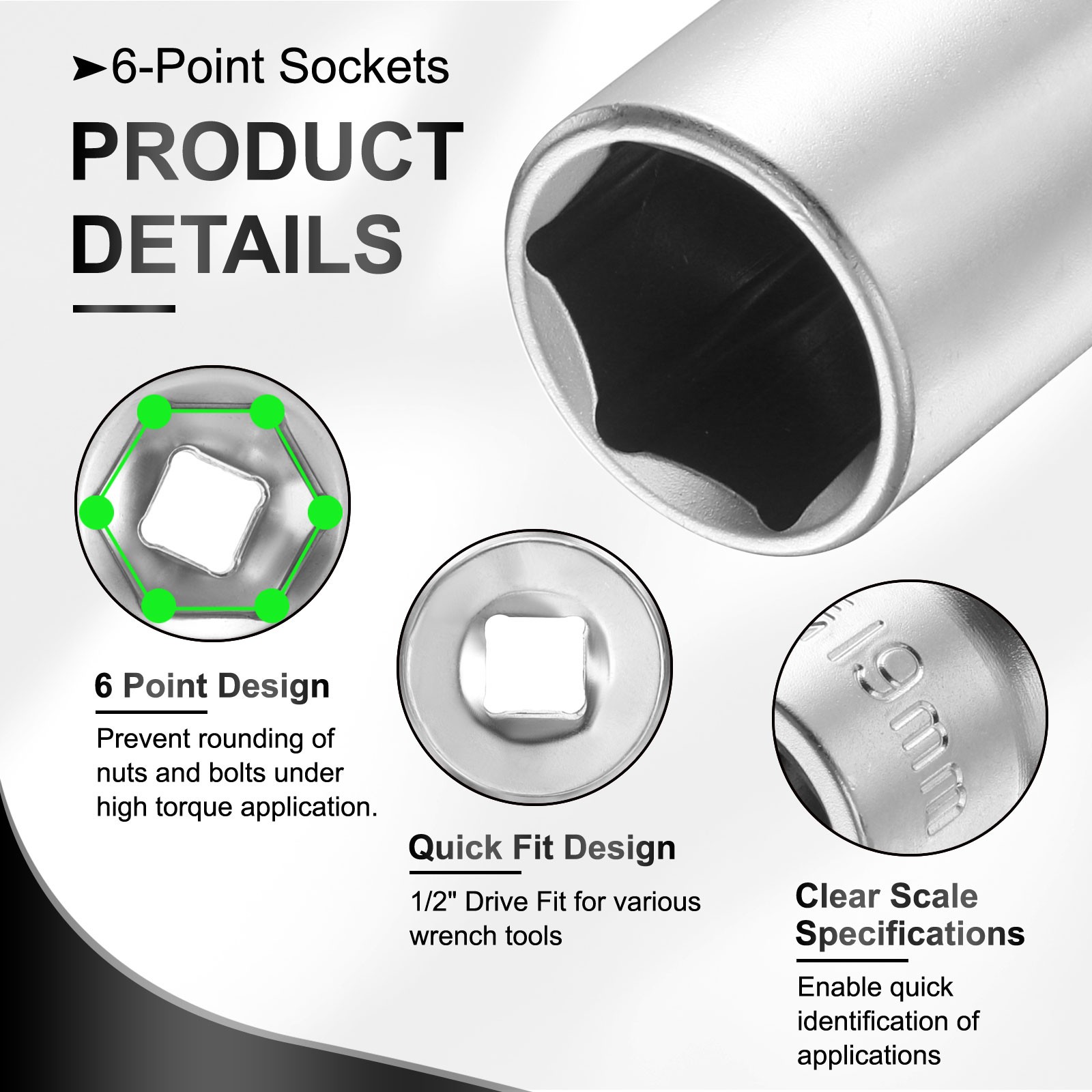 6 Points Deep Socket 1/2" Drive 19mm Nickel Plating Flip Sleeve 4.7" Long