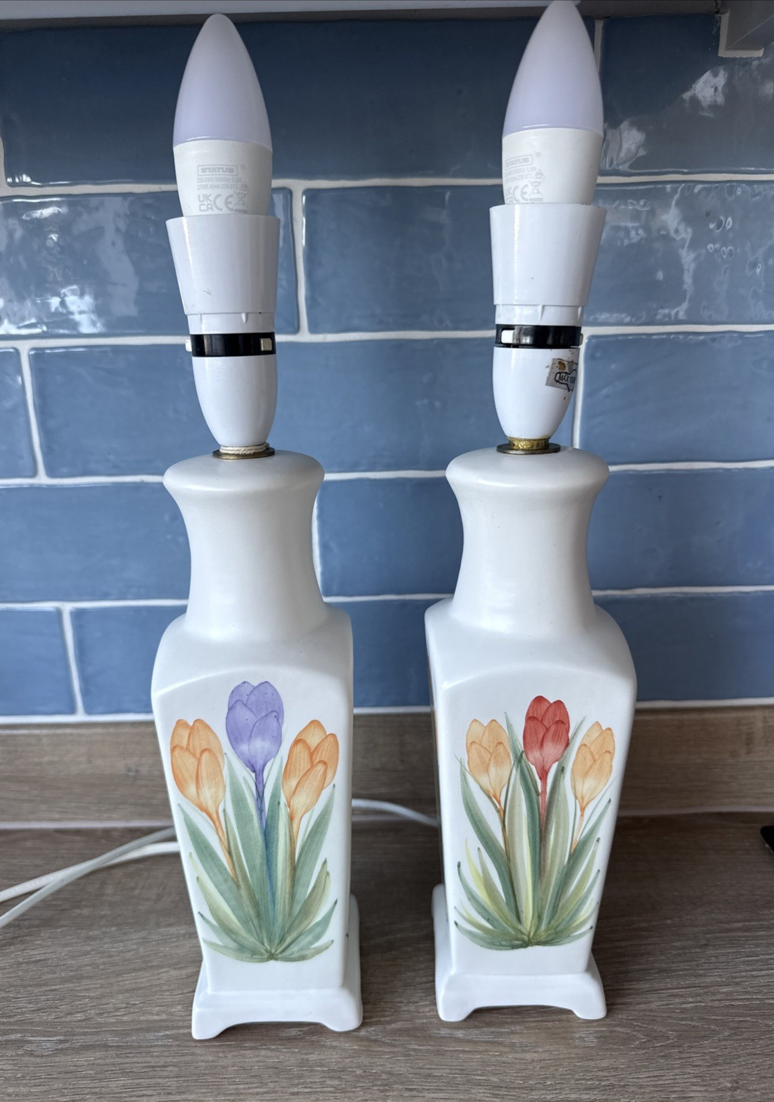 Rye Ceramic Lamp Base Floral Crocus Design Hand Painted Tablelamps x2