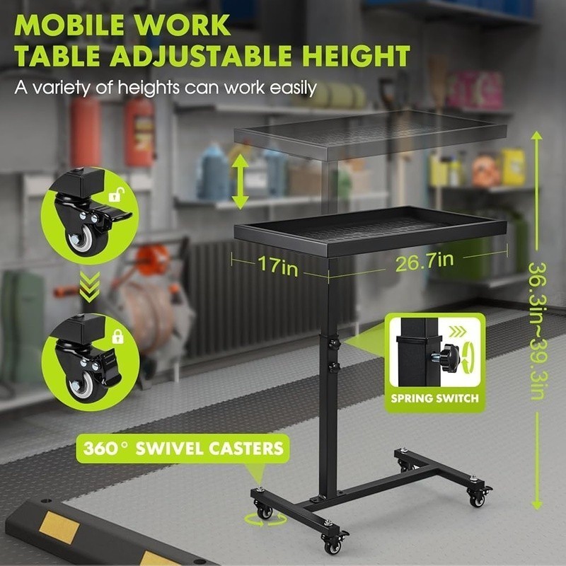 Adjustable Work Table with Wheels Mechanic Rolling Tool Tray Table Garage Repair