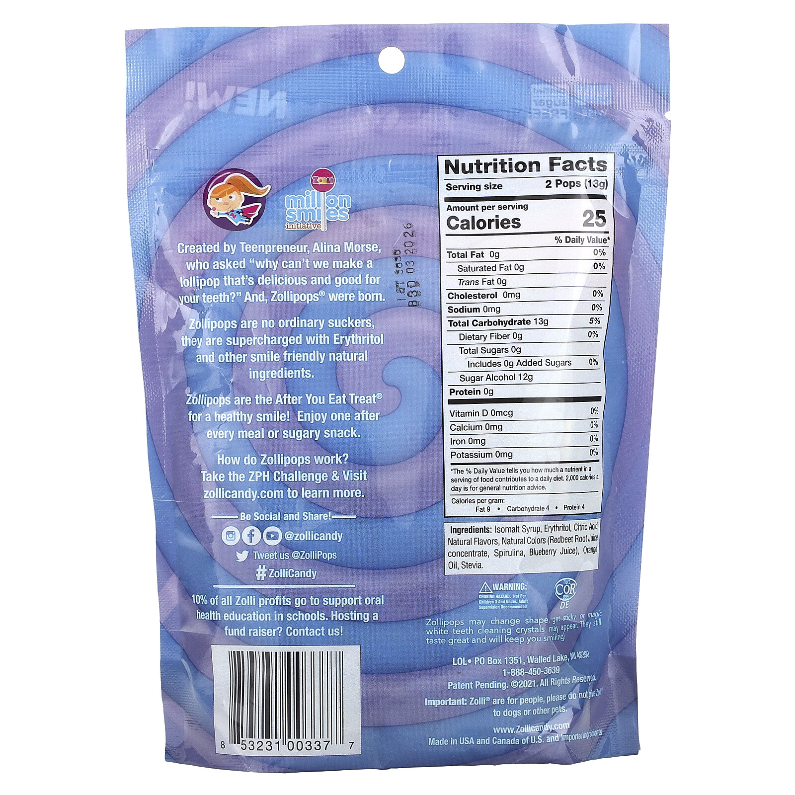 The Clean Teeth Pops, Grape + Blue Raspberry, Approx. 23-25 pops, 5.2 oz