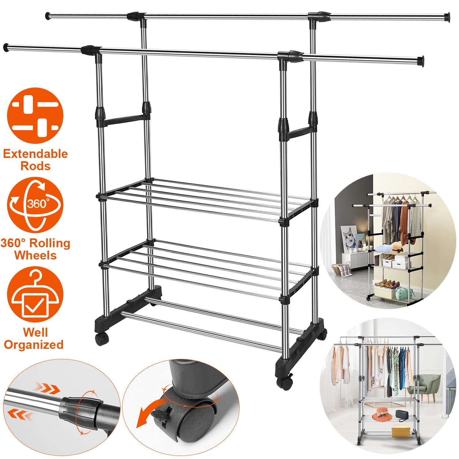 Heavy Duty Garment Hanging Rack Double Clothing Hanging Shoe Display Holder Tray