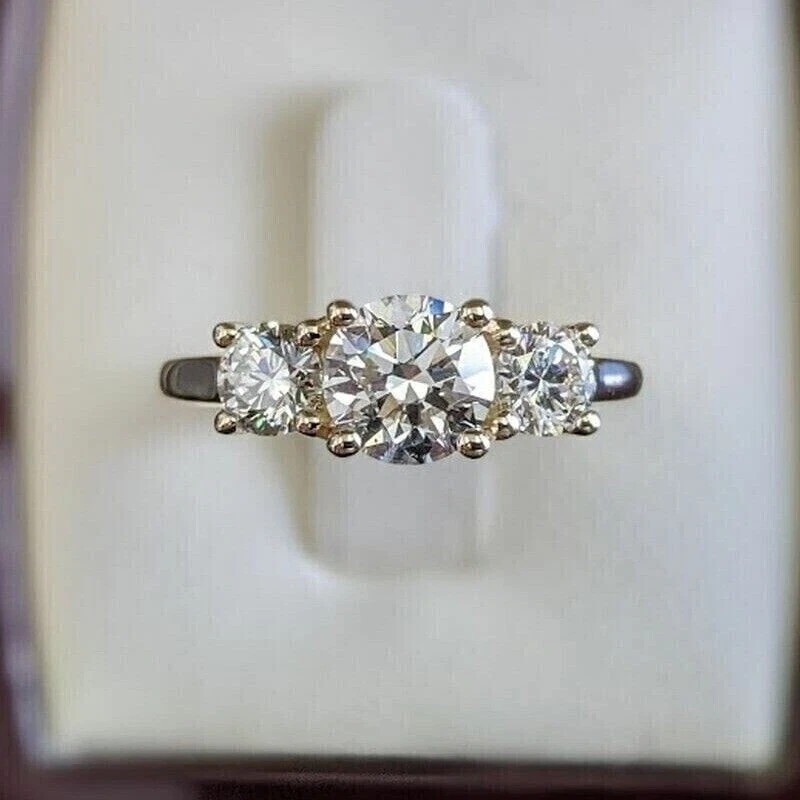3CT Round-Cut Moissanite Solitaire 3Stone Engagement Ring 14K Yellow Gold Plated