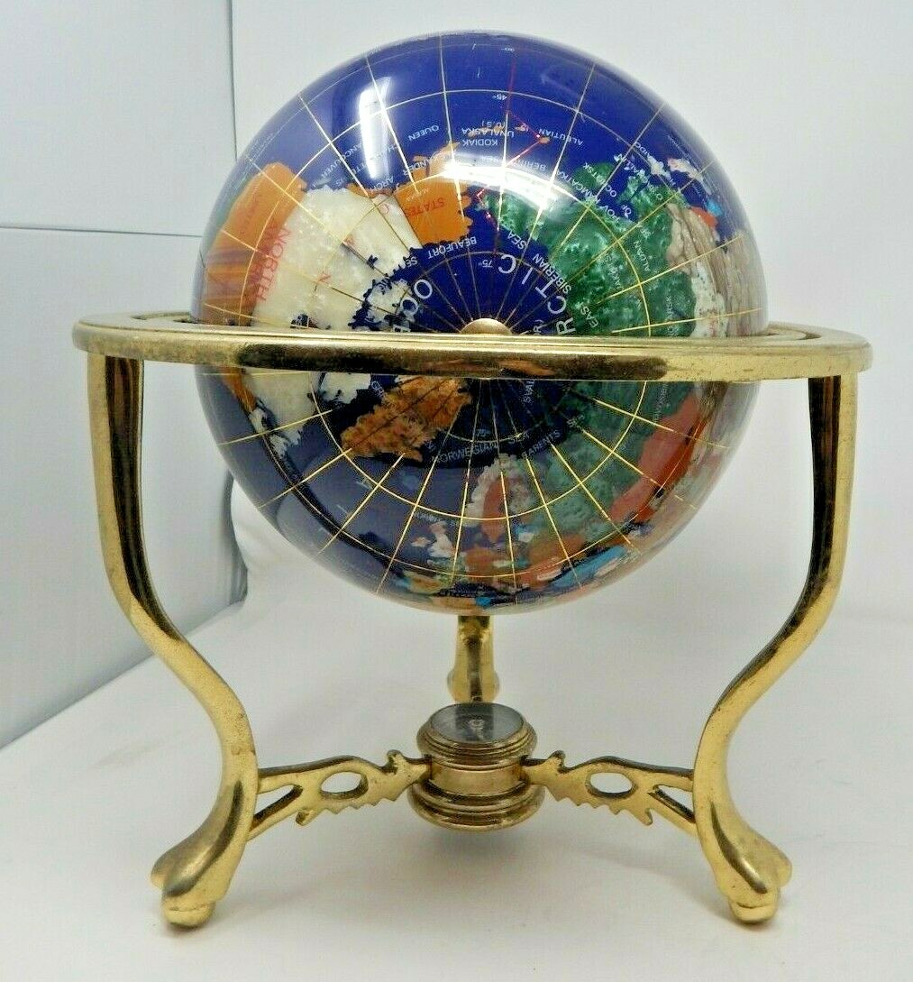 ALEXANDER KALIFANO Gemstone WORLD GLOBE Inlay 16" BIG BRASS Lapis MotherOfPearl