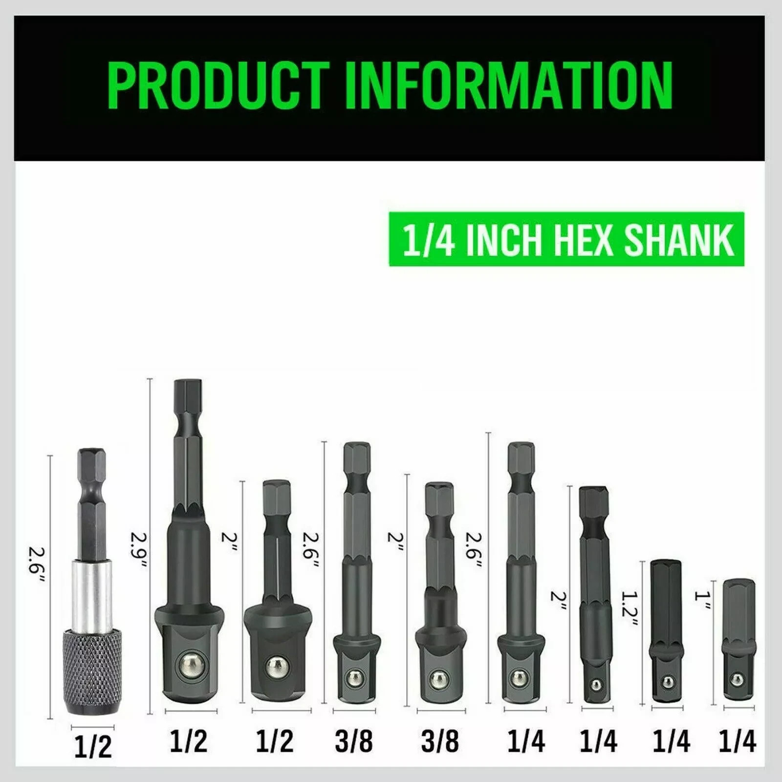 9Pcs Socket Adapter Drill Bits Set Hex Impact Driver Tools 1/4" 3/8" 1/2" Shank