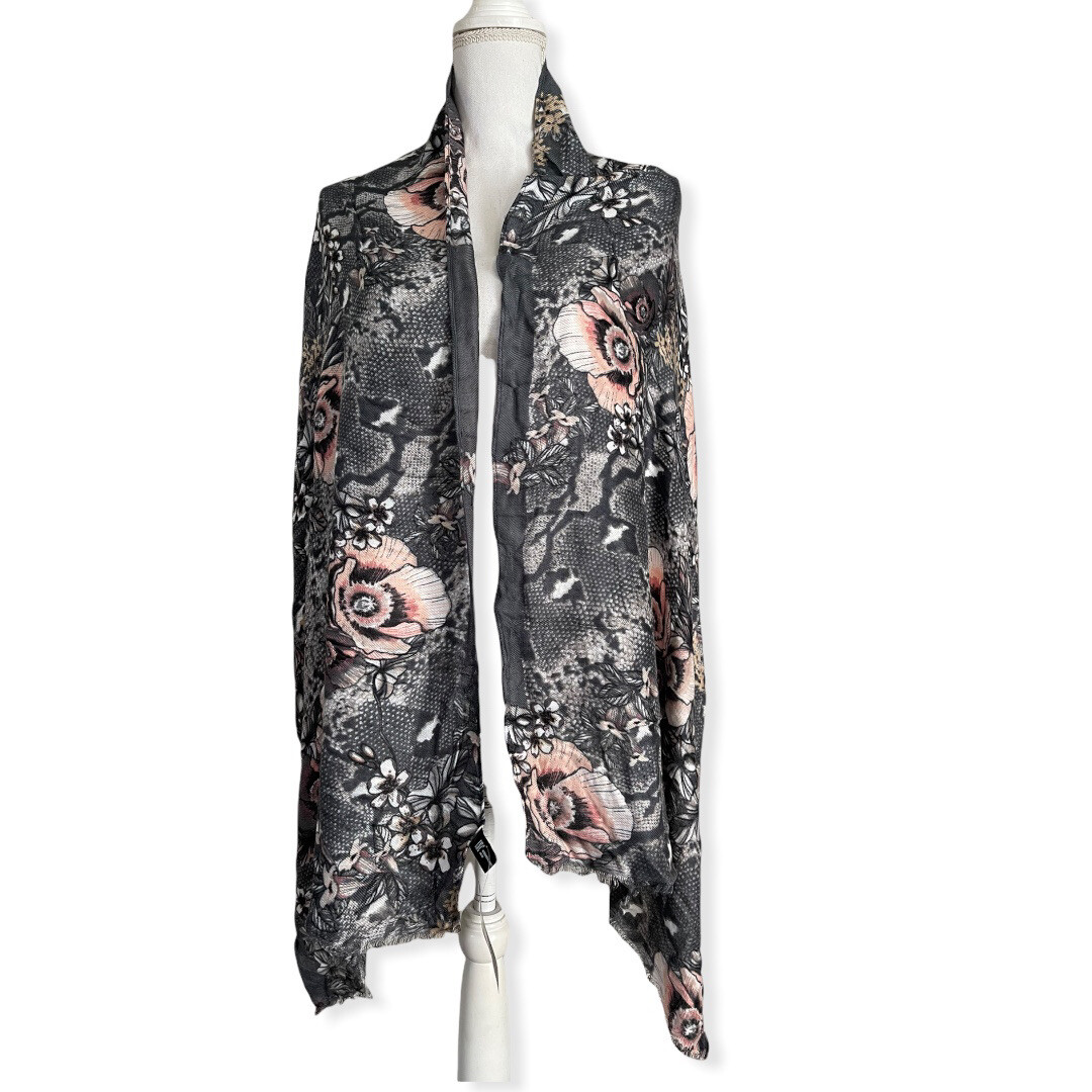 INC Womens Scarf Wrap Grey Blush Pink Floral Fringe Animal Print #MQ1