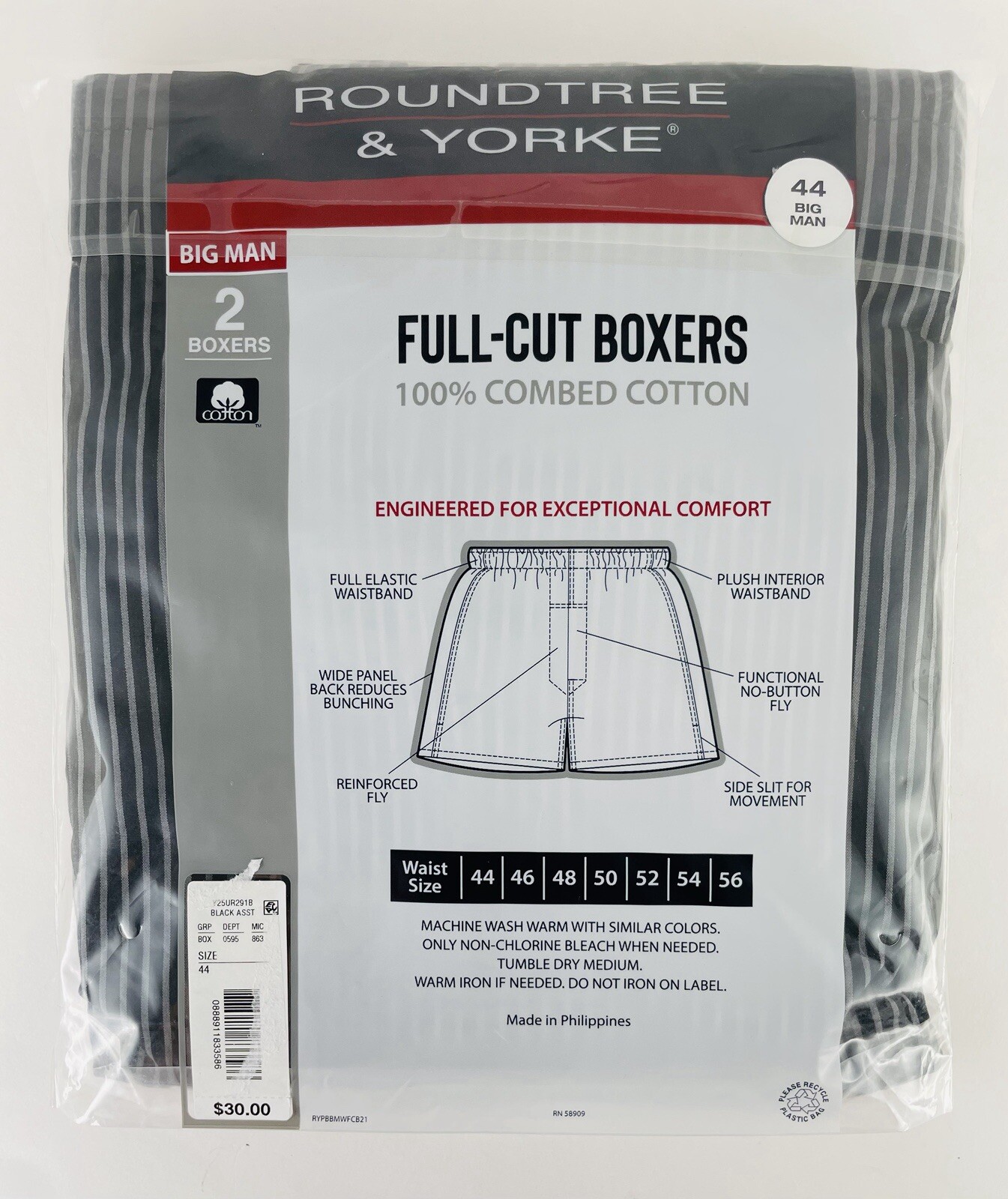 2-Pack of Roundtree & Yorke Big Man 100% Cotton Full-Cut Boxers, Black & White