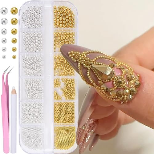 12 Grids 3D Metal Gold & Silver Nail Beads, Steel Gold&Silver - Caviar Beads