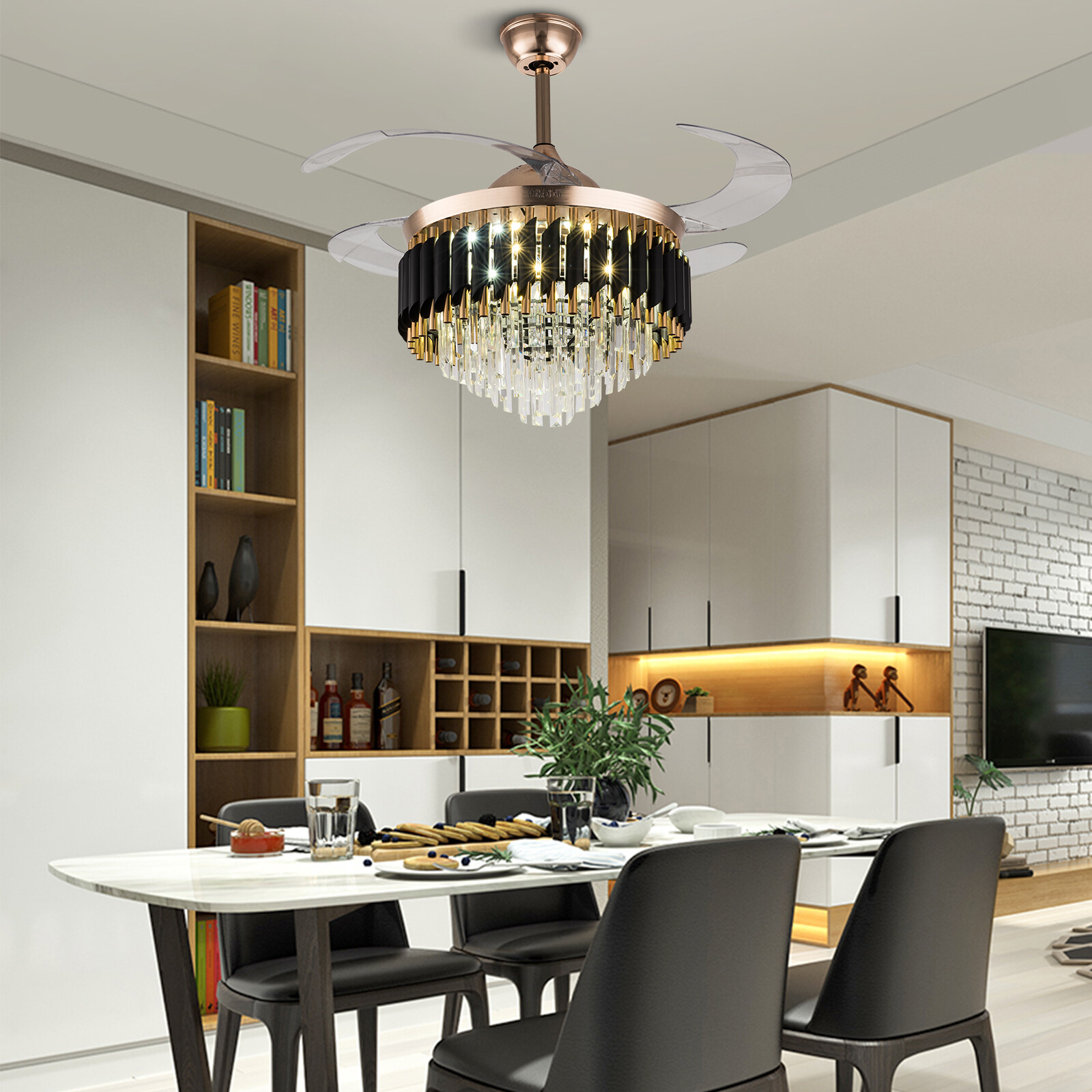 Black Crystal Chandelier with Remote 42" Invisible LED 3-Color Ceiling Fan Light