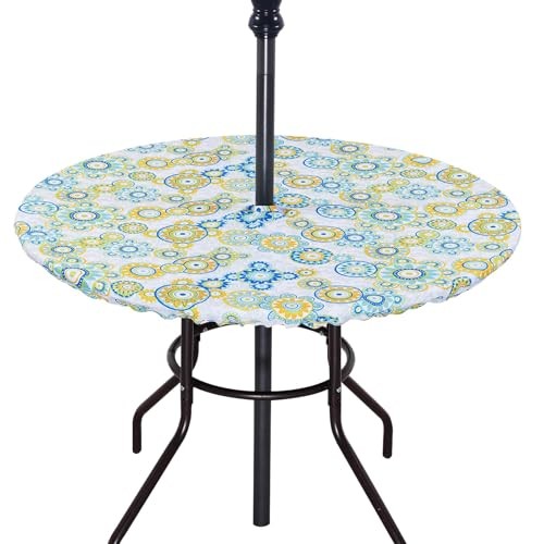 Fitted Round Outdoor Tablecloth, Polyester SpillProof Table 52" (Round) Floral
