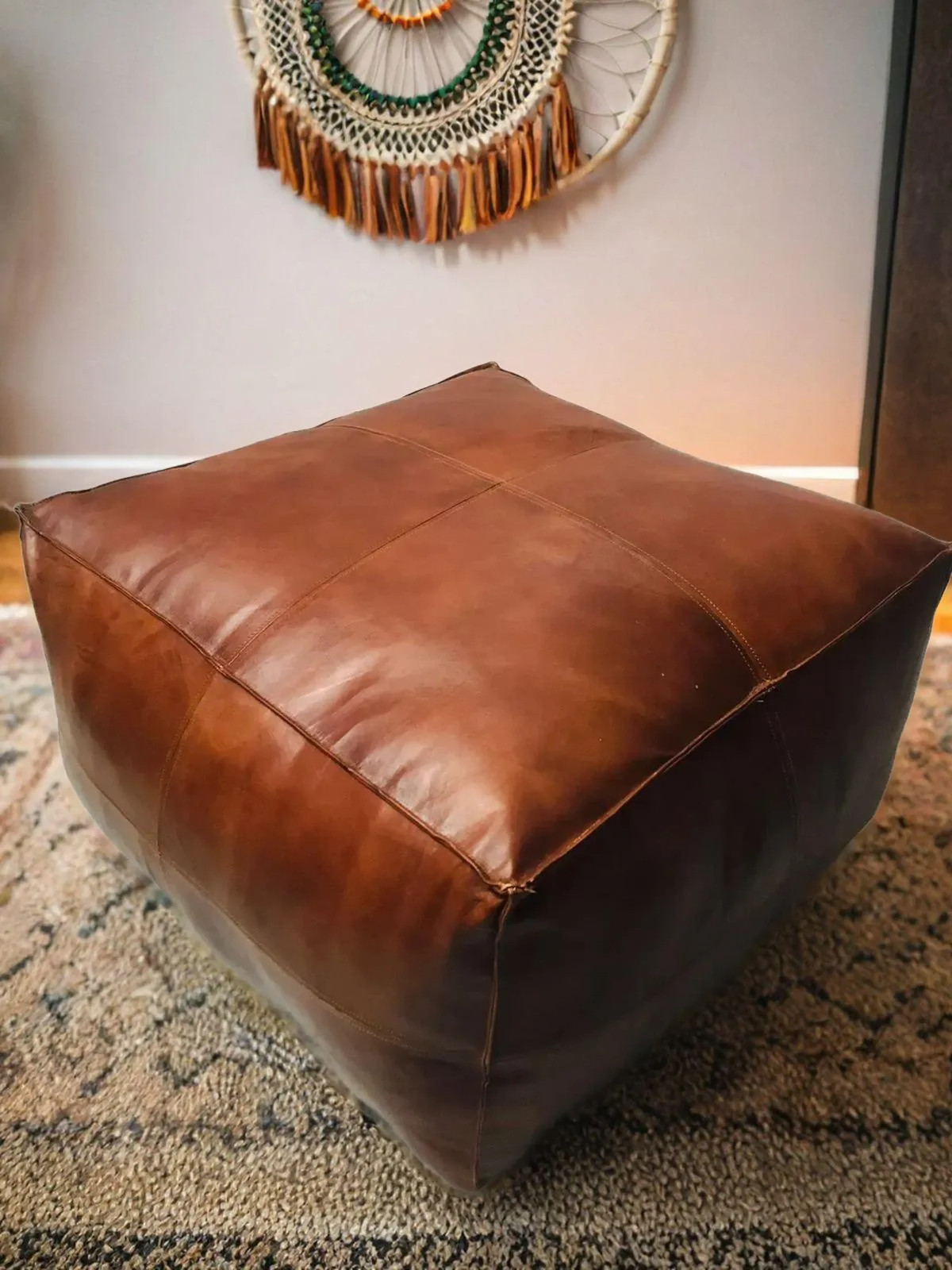 Elegant Brown Leather Footstool Ottoman Handmade Square Design 30'' Unstuffed