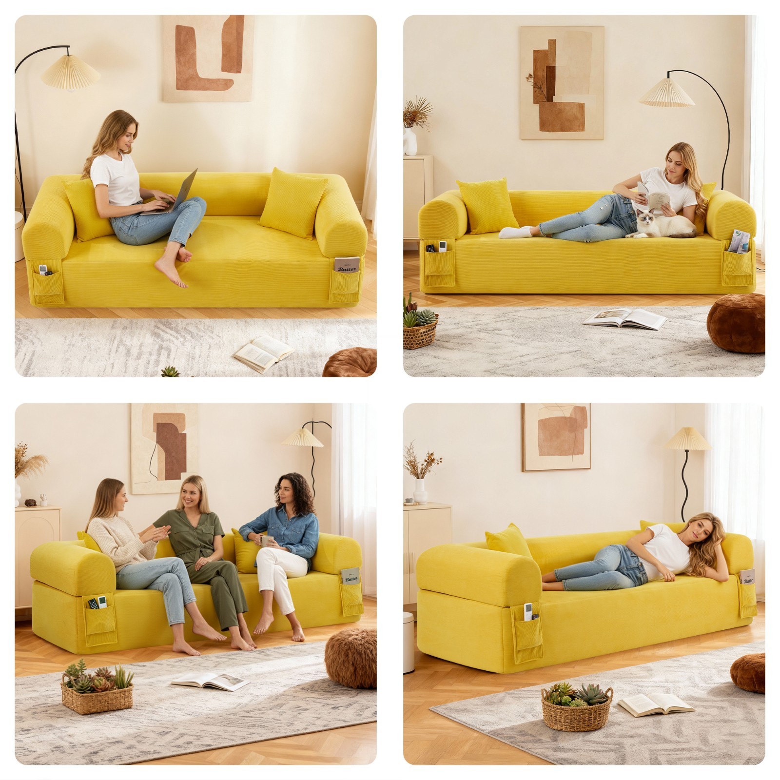 2 in 1 Folding Convertible Sofa Bed, Boneless Compression Sofa with Side Pocket