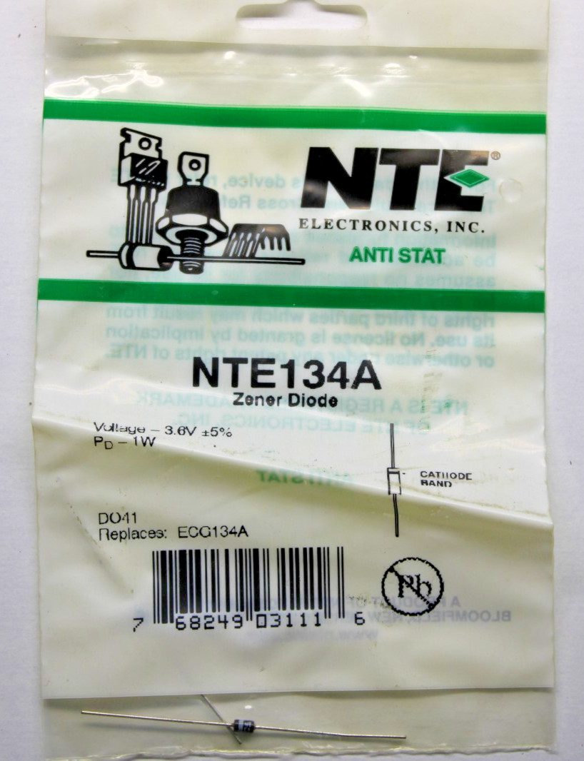 NTE Electronics NTE134A ZENER DIODE 1 WATT 3.6V 5% DO-41