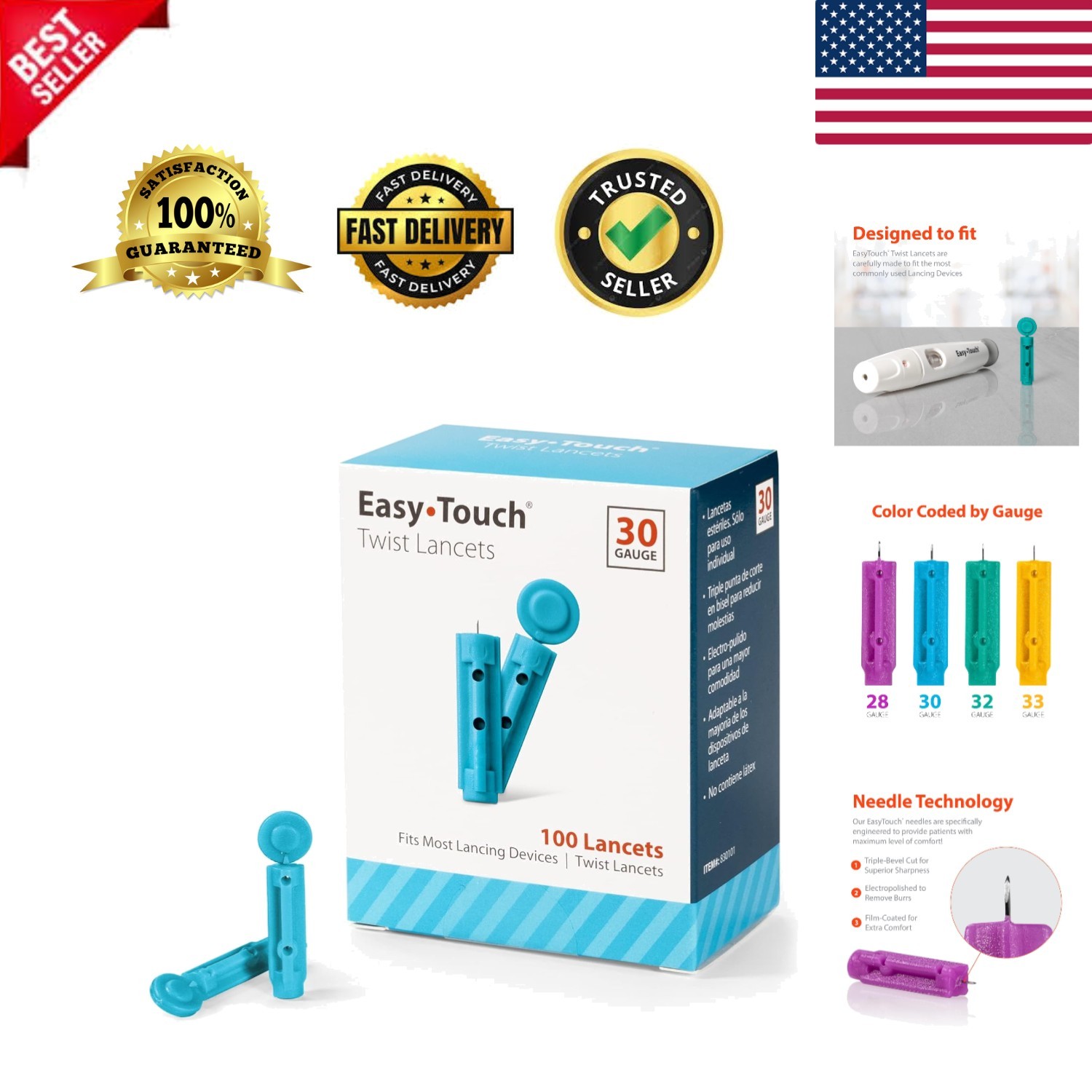 Gentle 30-Gauge Twist Lancets - 100 Count for Safe & Easy Blood Glucose Testing