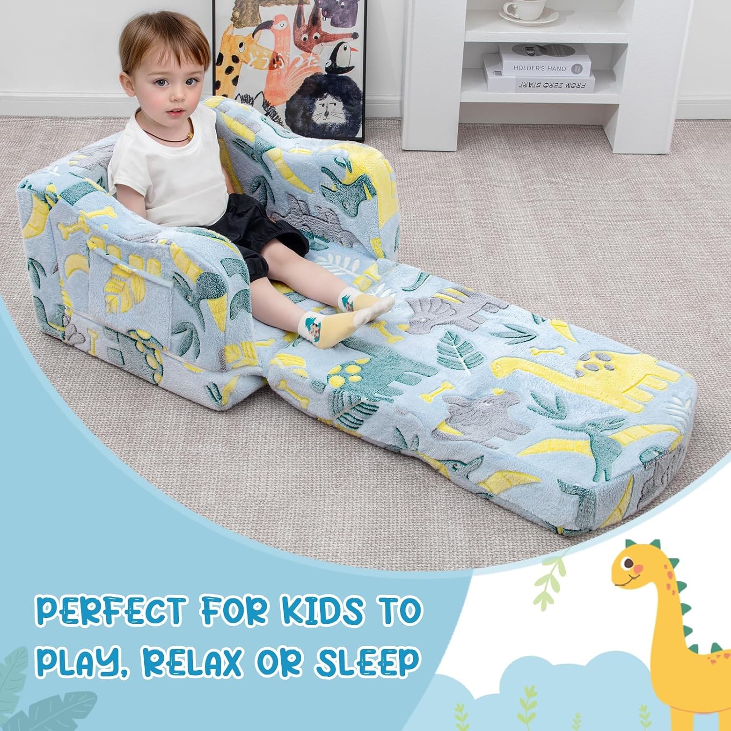 Comfy Toddler 2-in-1 Plush Fold Out Couch Lounger w/ Blanket | Glowing Dinosaur