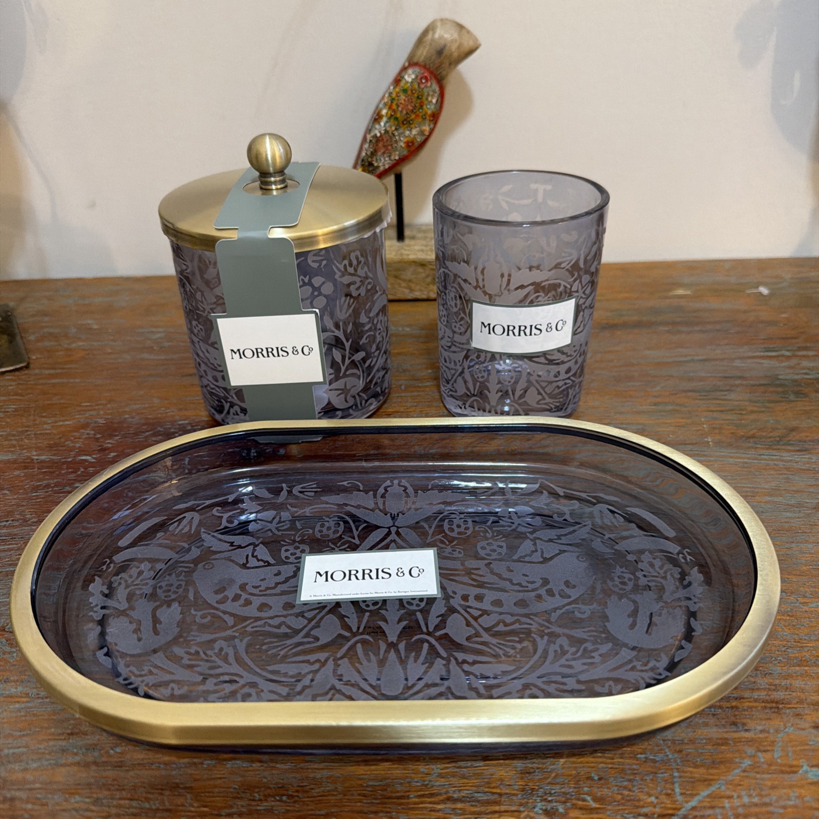 Morris & Co. Strawberry Thief Etched Glass 3 Piece Bathroom Set. New.