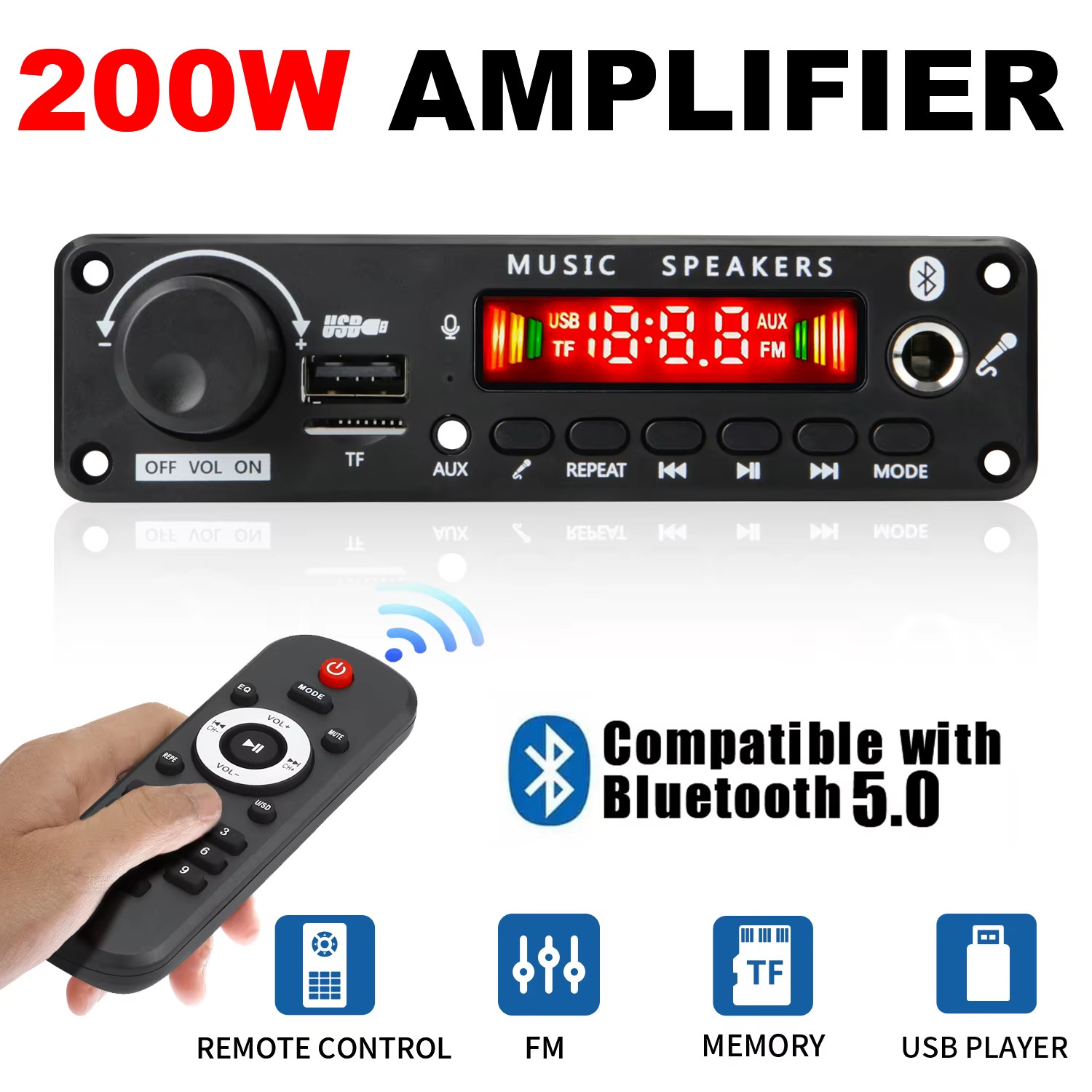 200W Bluetooth Amplifier Board MP3 WAV Decoder USB TF FM Mic DC 12V US