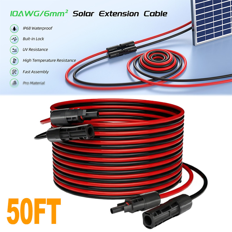 50FT 10 AWG Solar Panel Extension Cable PV Wire Solar Connectors Pair 6mm²