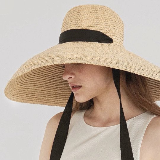 Womens Sun Straw Hat Wide Dome Brim Summer Hat with Black Ribbon Ties