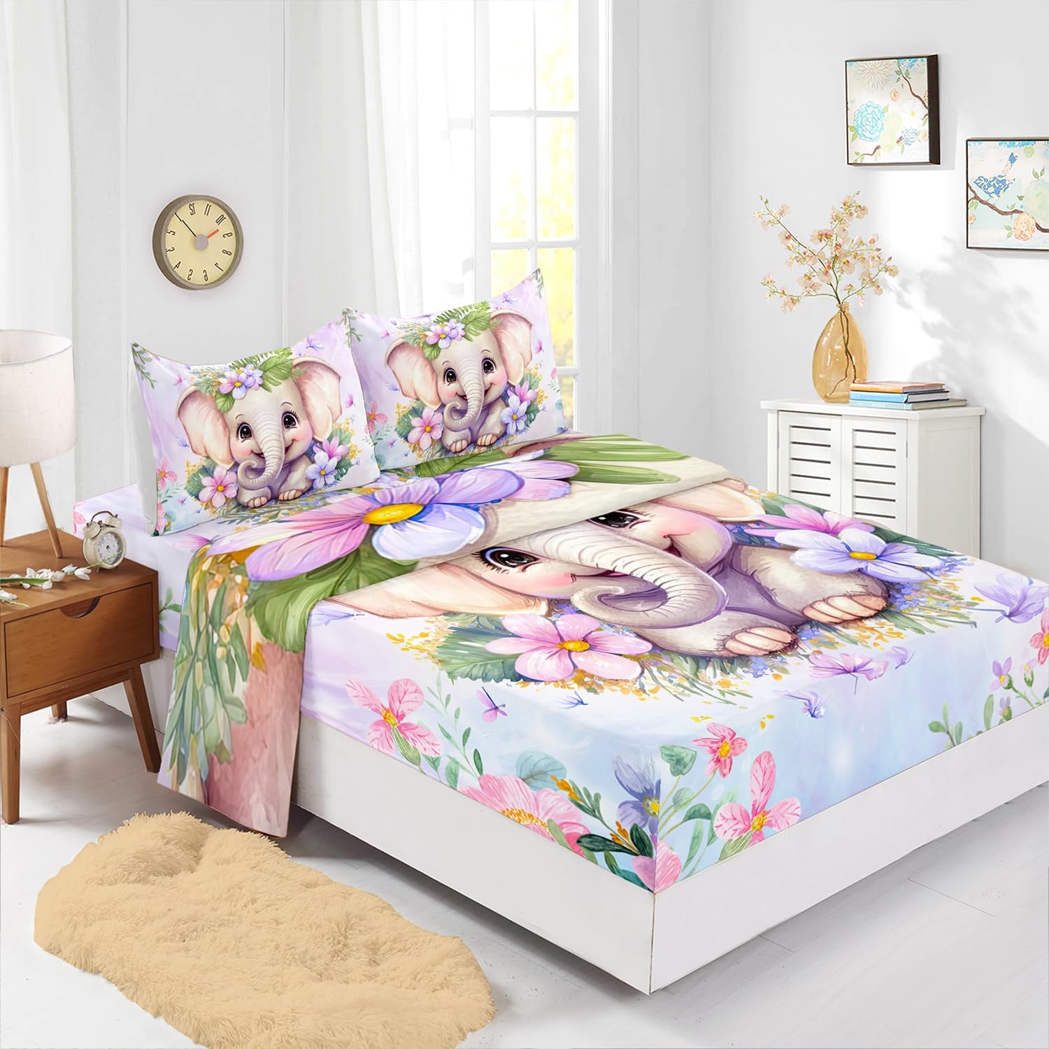 Elephant Flowers 4Pcs Wild Animals Purple Kawaii Butterfly Bedding Quilt Bed ...