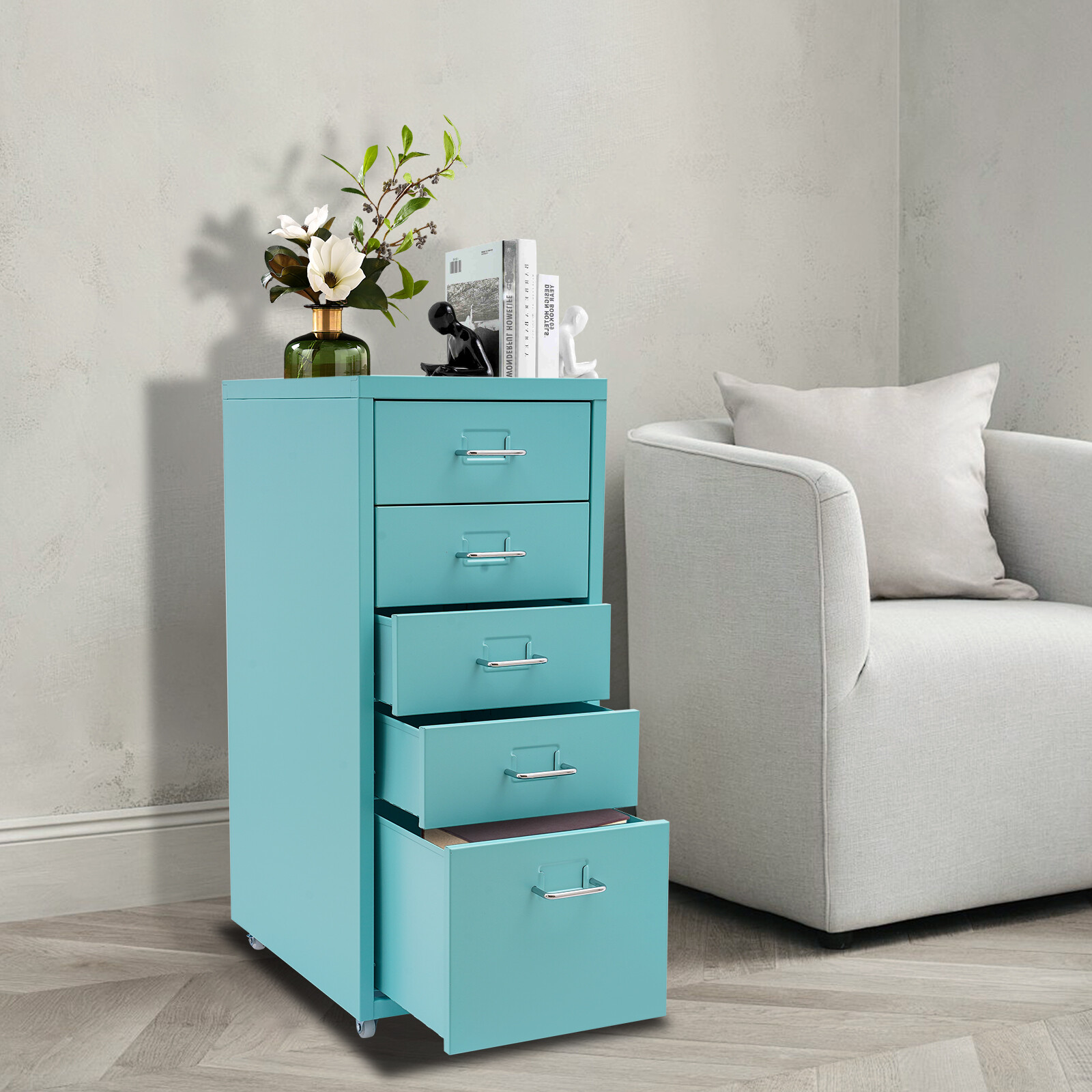 Vertical File Storage Cabinet 5 Drawer Blue Steel And Aluminum Desk Organizer