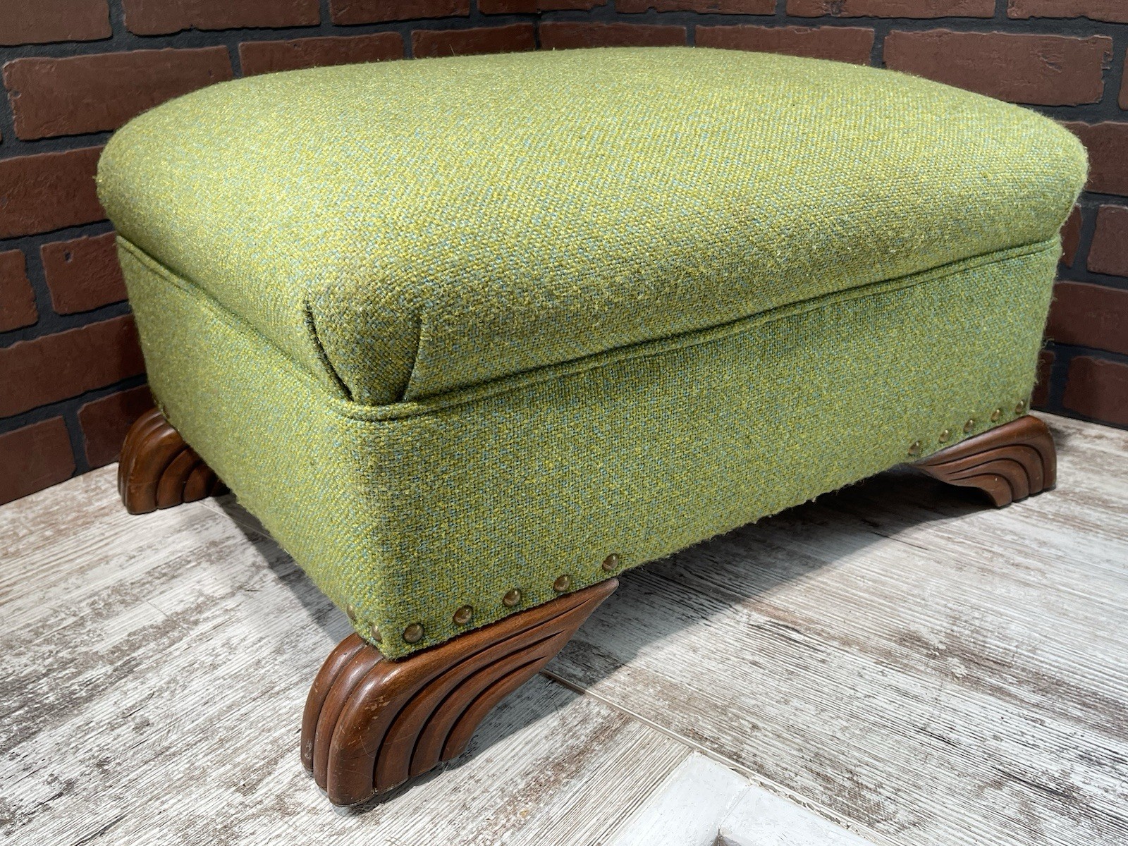 Ottoman Footstool Coil Waterfall Carved Wood Feet Green Tweed Upholstery - Vtg