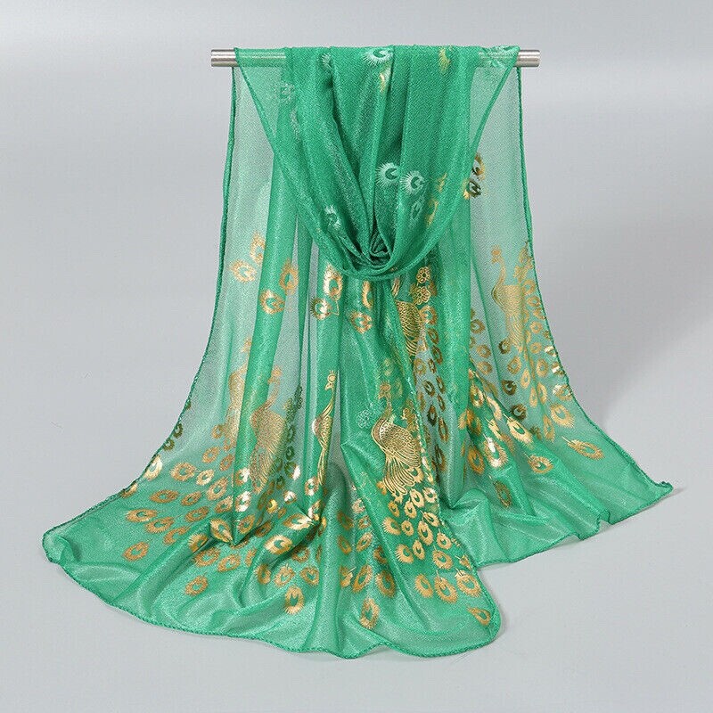 Lady Fashion Green w/Gold Peacock Print Chiffon Scarf Wrap Shawl. Size 24 x 66"