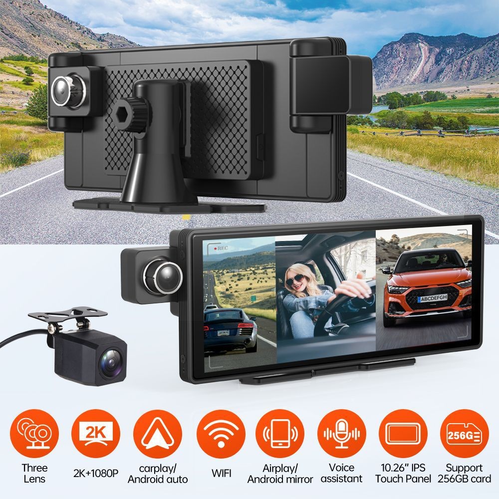 10.26" Touch Screen 3 Lens Dash Cam 2K Carplay Android Auto WIFI Voice Control