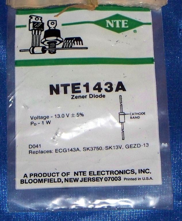NTE Electronics NTE143A ZENER DIODE 1 WATT 13V 5% DO-41 NOS