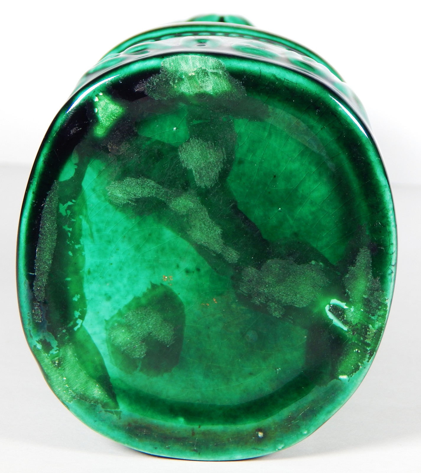 1937 AZTEC KAHLUA BOTTLE DECANTER HAND MADE CERAMIC GREEN TIKI K&B EMPTY LABEL