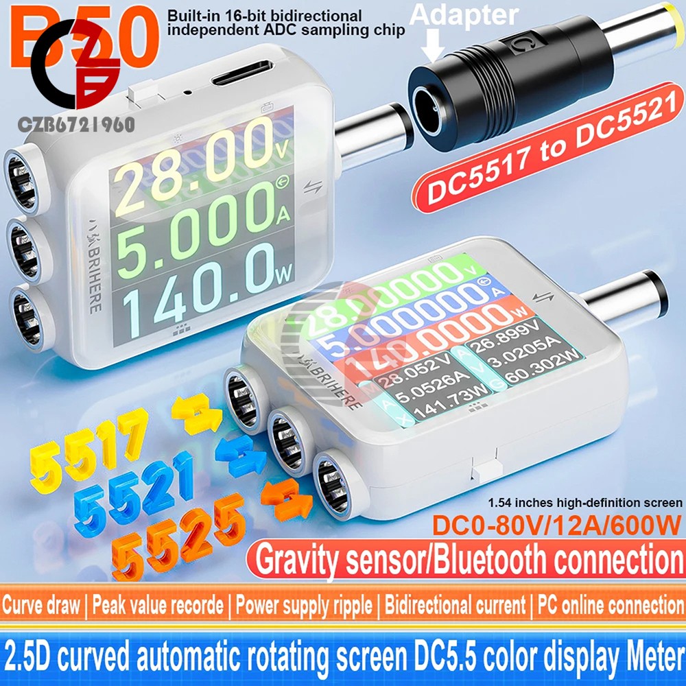 B50 DC 4.5-80V 0-6A Digital Display Power Meter 360° Auto-Rotate Screen 3-Port