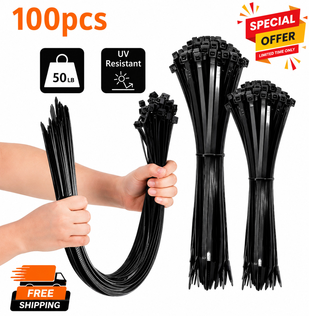100PCS Black Cable Ties Zip Ties Heavy Duty Self Locking UV Resistant Wire Ties