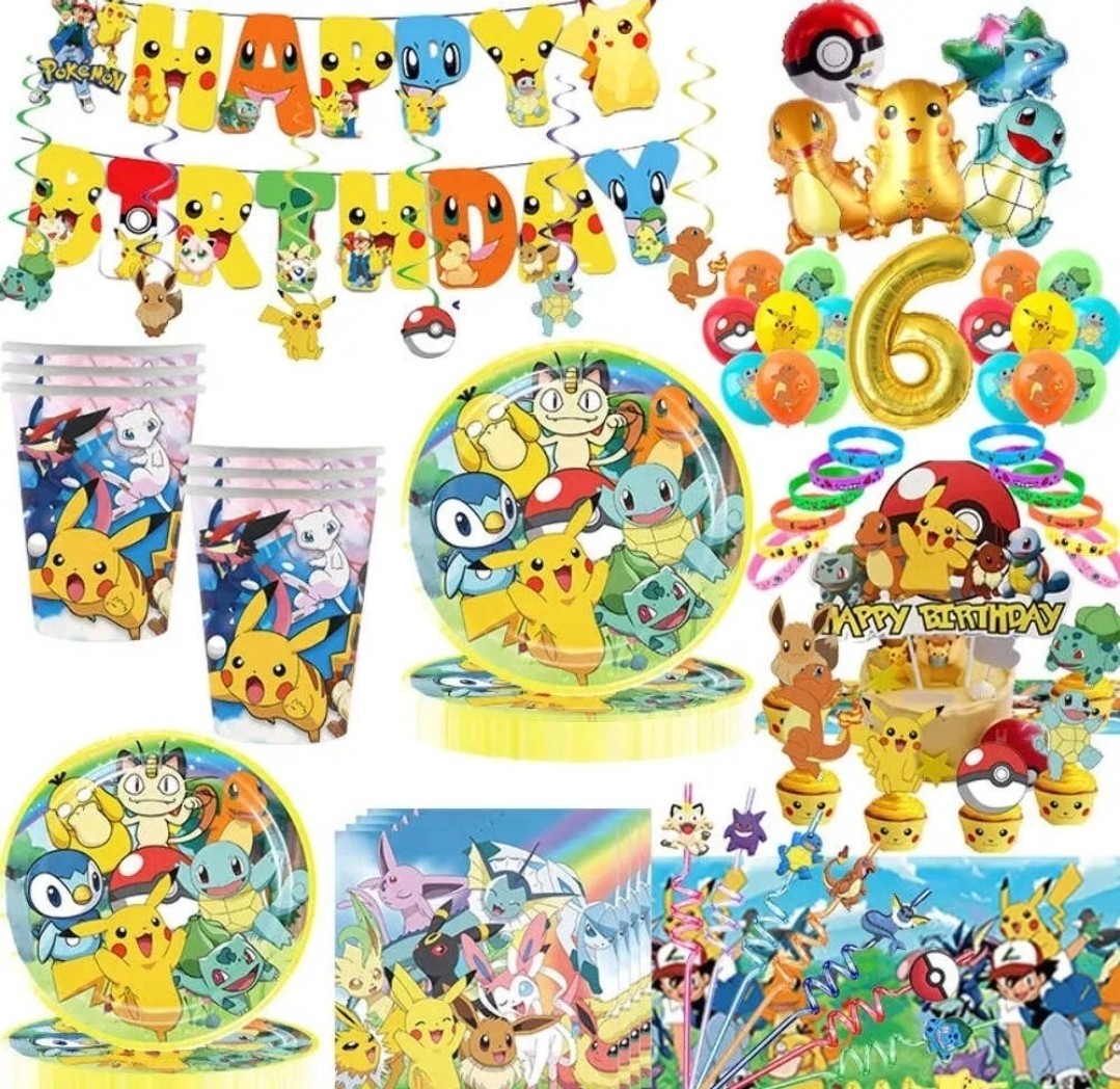 Pokemon theme party set balloons kids birthday Supplies Plates Cups Pikachu