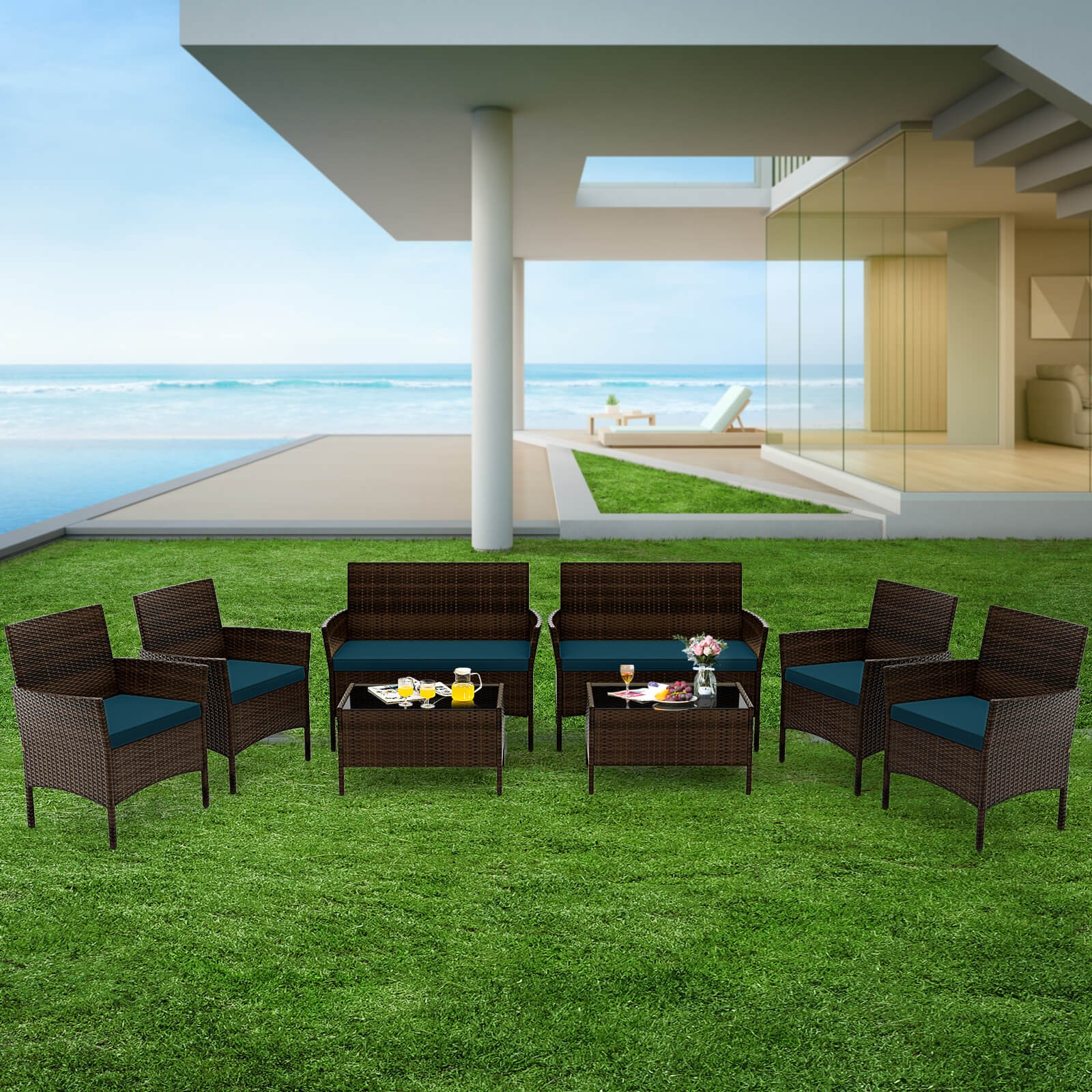 8 PCS Patio Furniture Set w/Washable Cushions and Tempered Glass Coffee Table