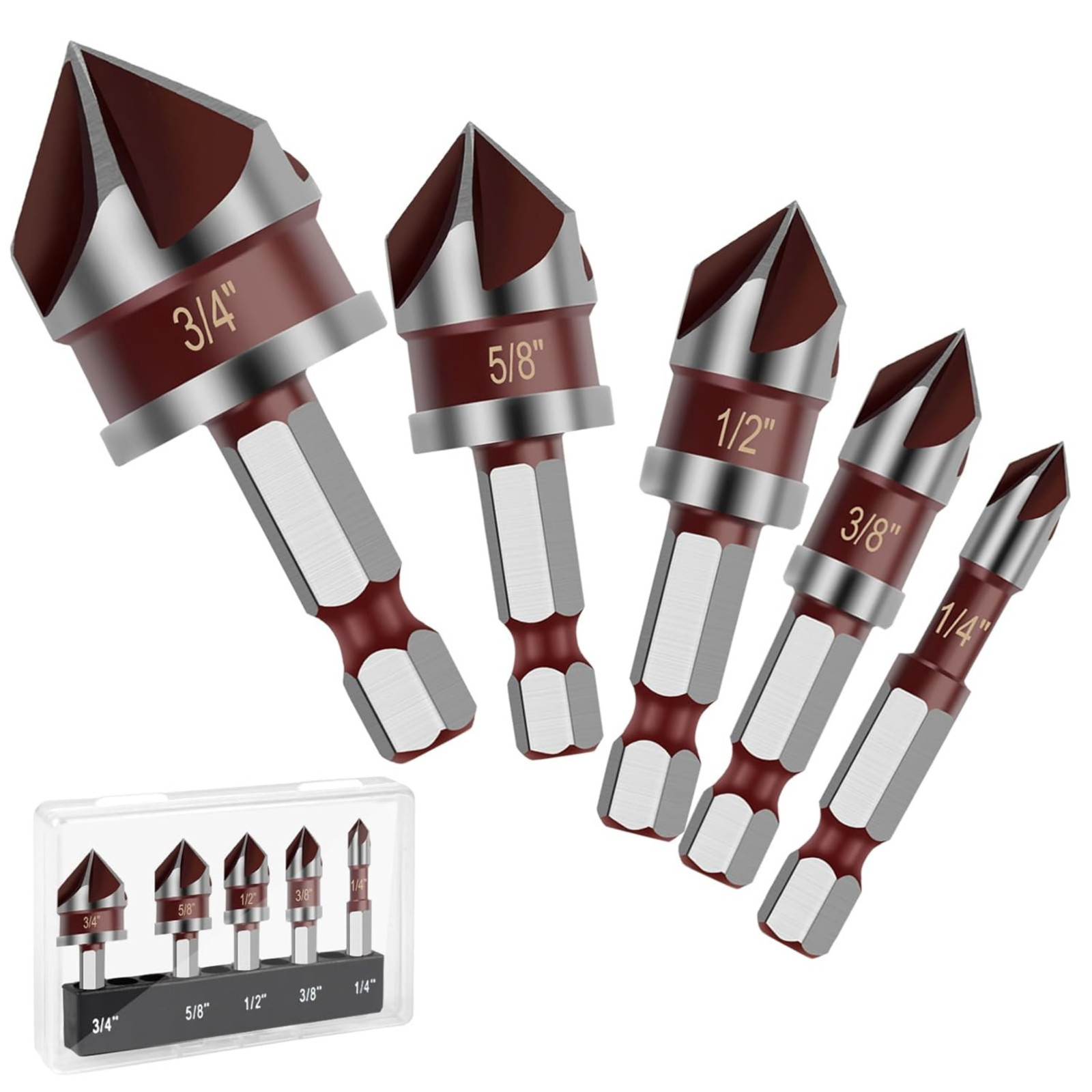 5PCS Countersink Drill Bits Set, HSS 82 Degree 1/4" to 3/4" with Hex Shank